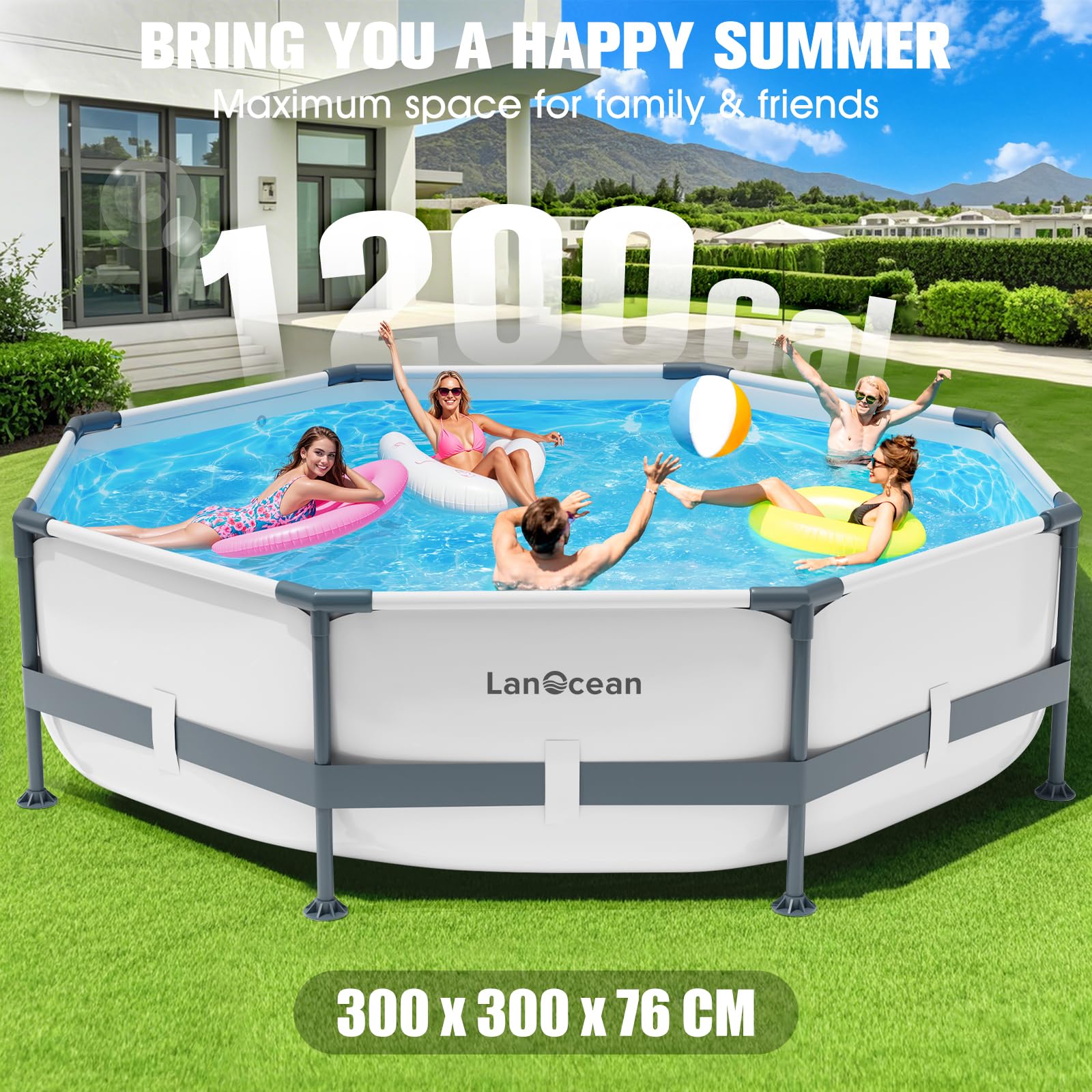 LanOcean Frame Pool 300x300x76cm Stahlrahmen Pool Garten Pannensicheres Material Family Pools Aufstellpools Schwimmbecken Rund