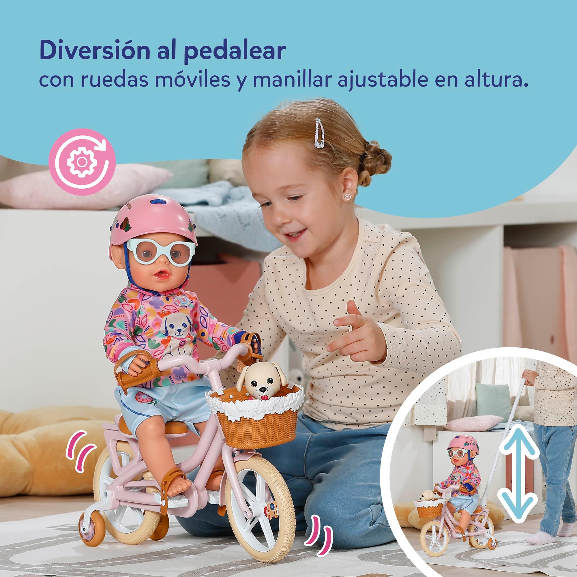 BABY born Bicicleta con Lucky, Bicicleta para muñecas con Cesta, Manillar y Pegatinas
