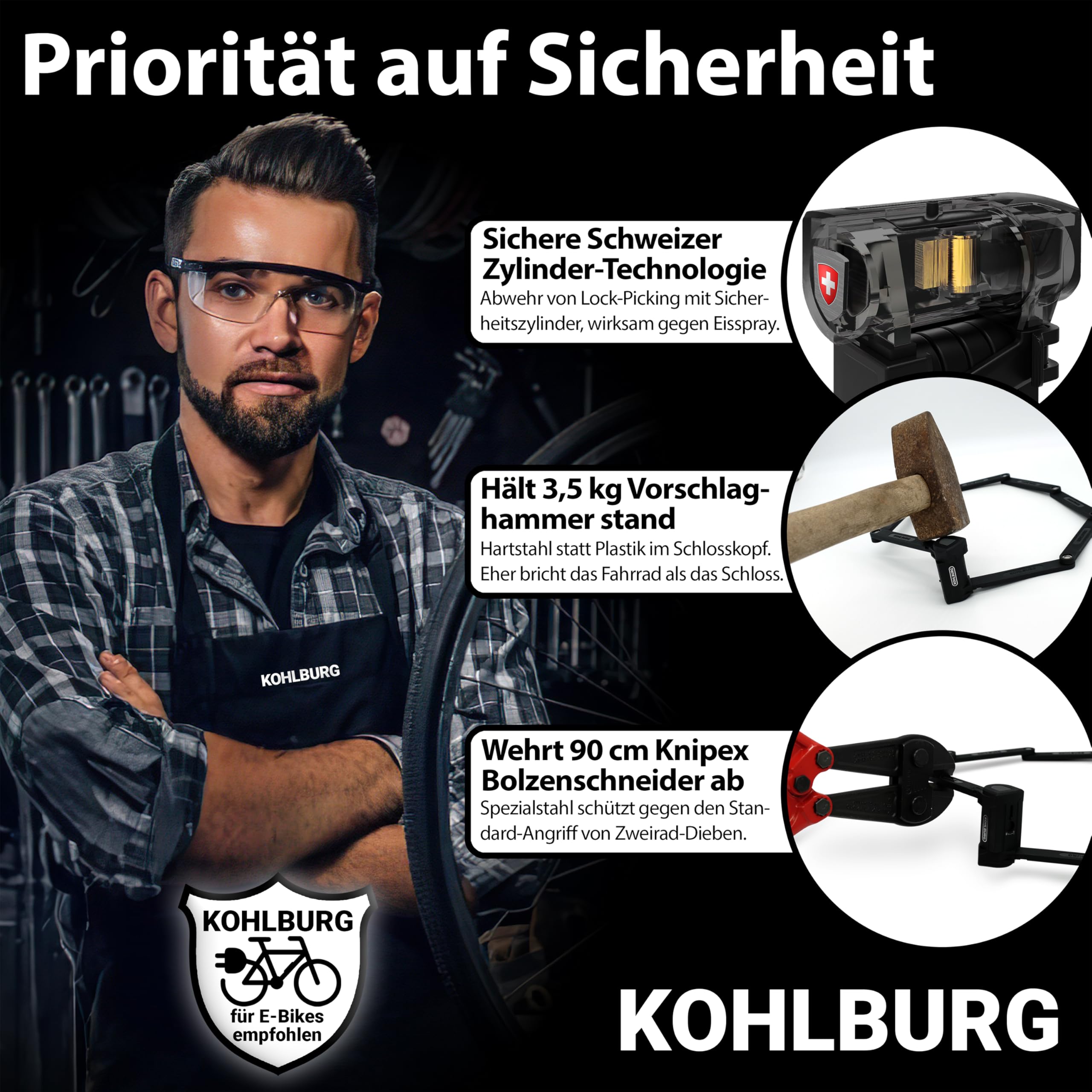 KOHLBURG 108cm Fahrrad Faltschloss Schlüssel [Bolzenschneider-sicher] als e Bike Schloss & Fahrradschloss Faltschloss – Fahrradschloss hohe Sicherheit mit Halterung Escooter – Bike Lock