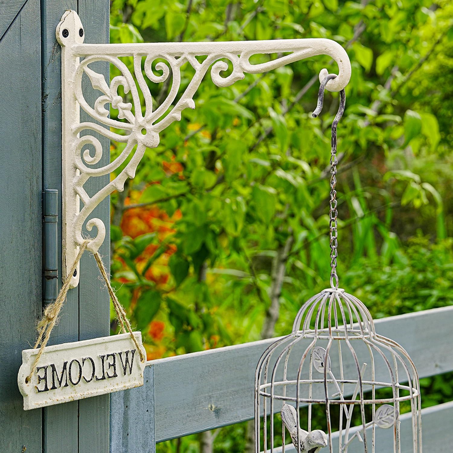 Sungmor Decorative Cast Iron Wall Bracket for Hanging Baskets – 2 Pack Heavy Duty Plant Hanger Hook for Outdoor/Indoor Use – Vintage White Metal Hanging Bracket for Lanterns, Bird Feeders, Signs