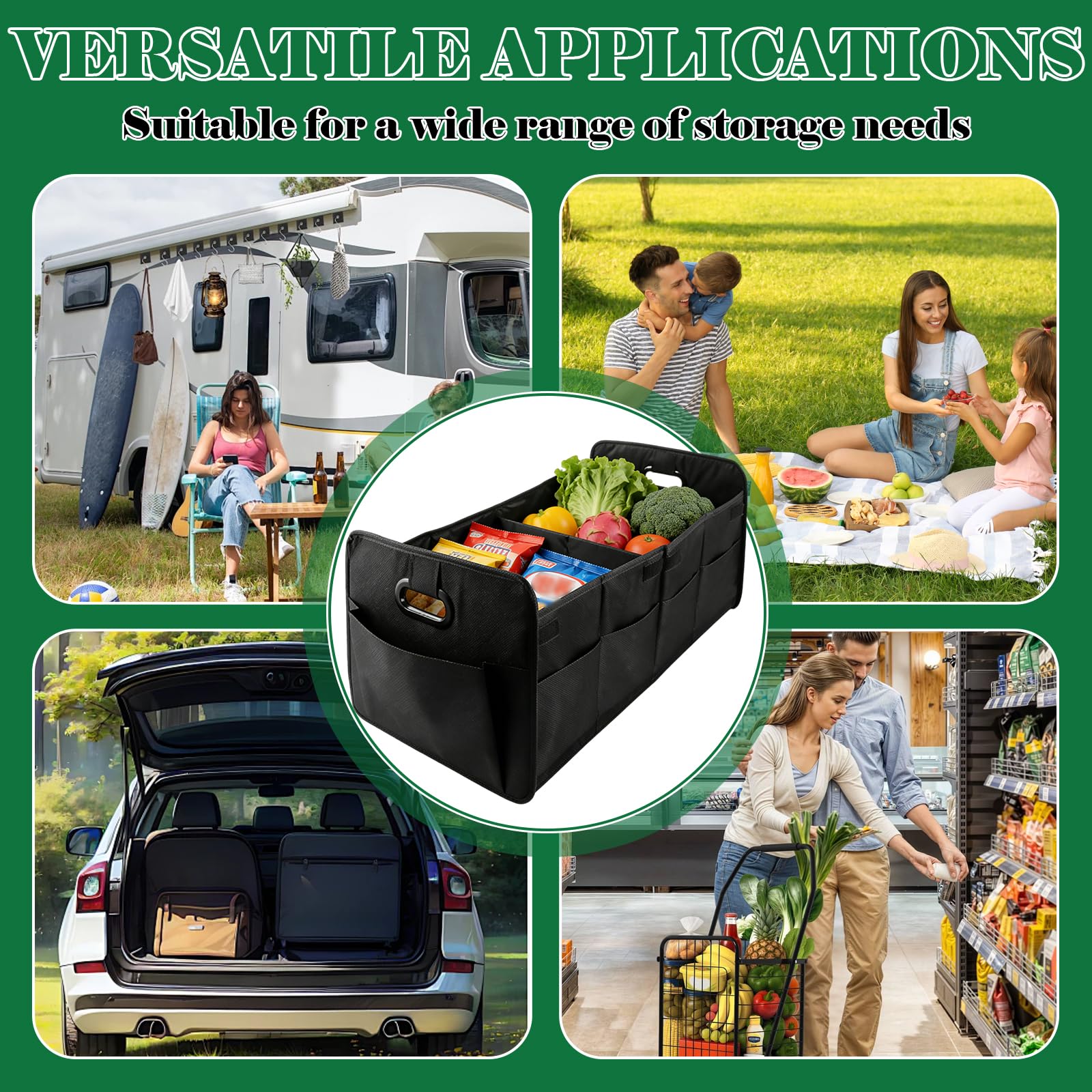 AKOLAFE 2 Stück XL Auto Kofferraum Organizer Faltbar Kofferraumtasche Auto Faltbox 75L Auto Kofferraum Aufbewahrung Oxford Stoff 3 Flexible Fächer mit 9 Taschen für Einkauf Camping Reise Ausflug