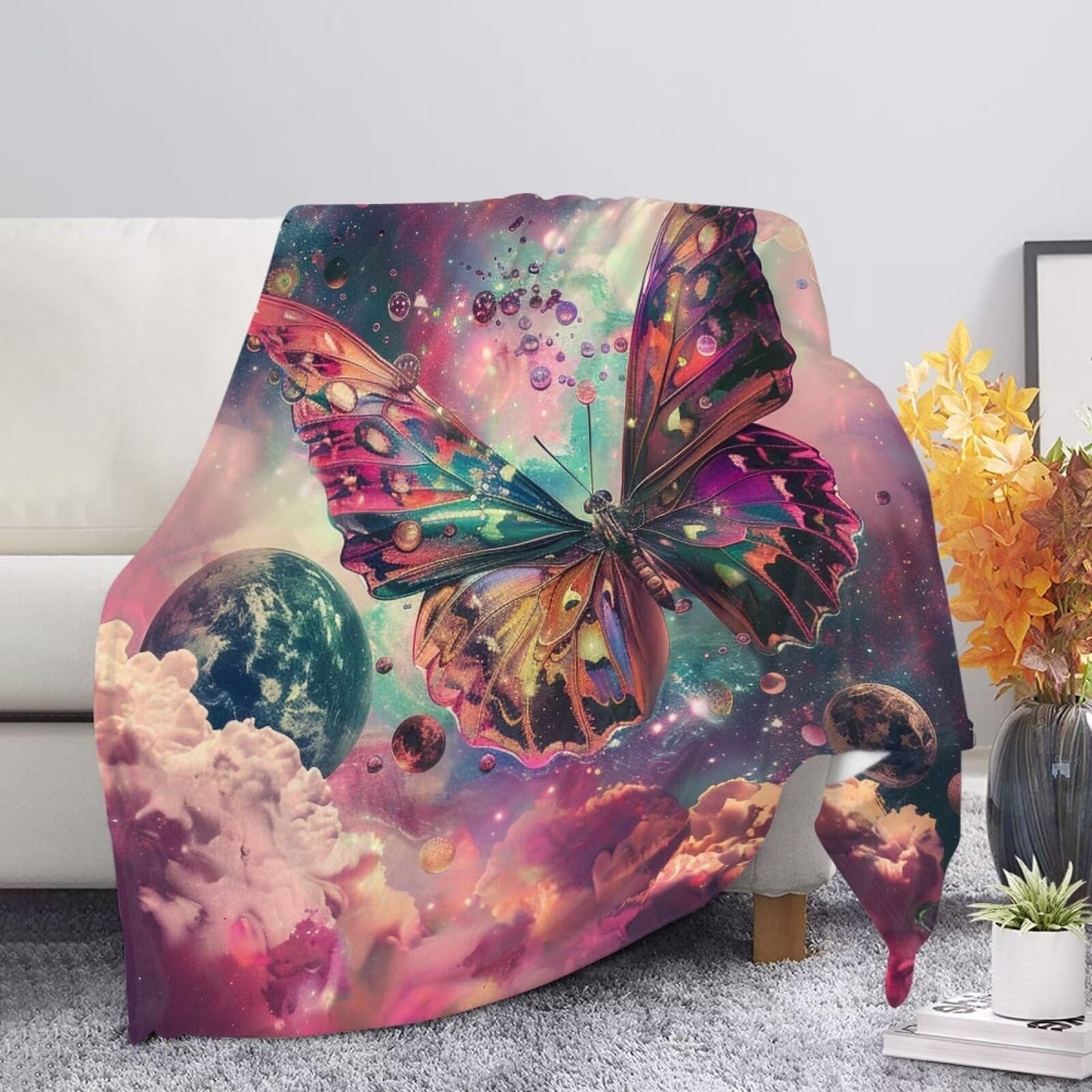 Allcute Starry Galaxy Butterfly Throw Blanket for Couch Bed Cozy Pink Soft Blankets for Women Spring Winter Fall Sofa Blanket Home Decor โ image 1