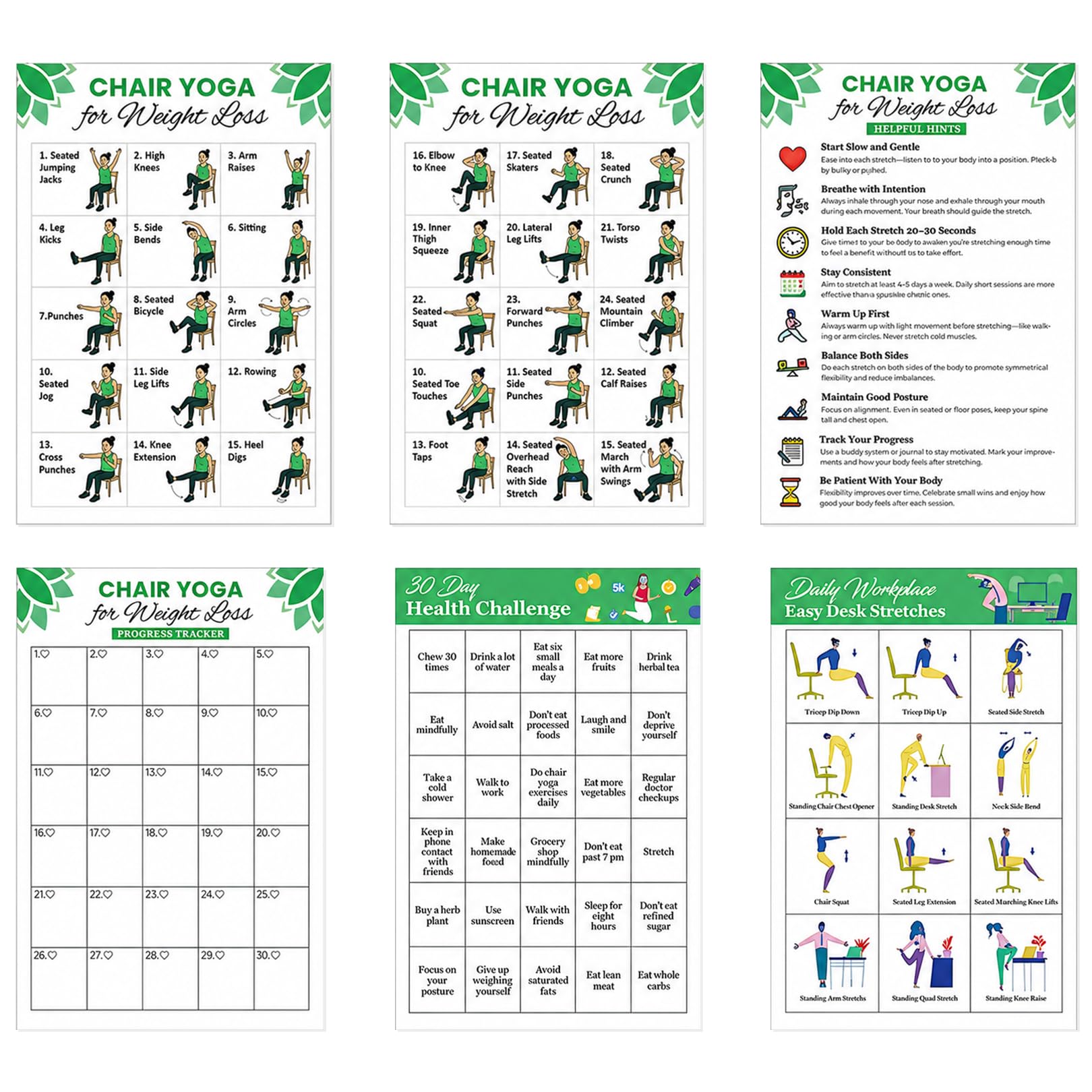 6-Pack Chair Yoga For Seniors Over 60,Pilates For Beginners Workout Posters,Seated Exercise Routine For Seniors,Indoor Room Exercise Decor,For Beginners To Improve Flexibility,Physical Health,Balance