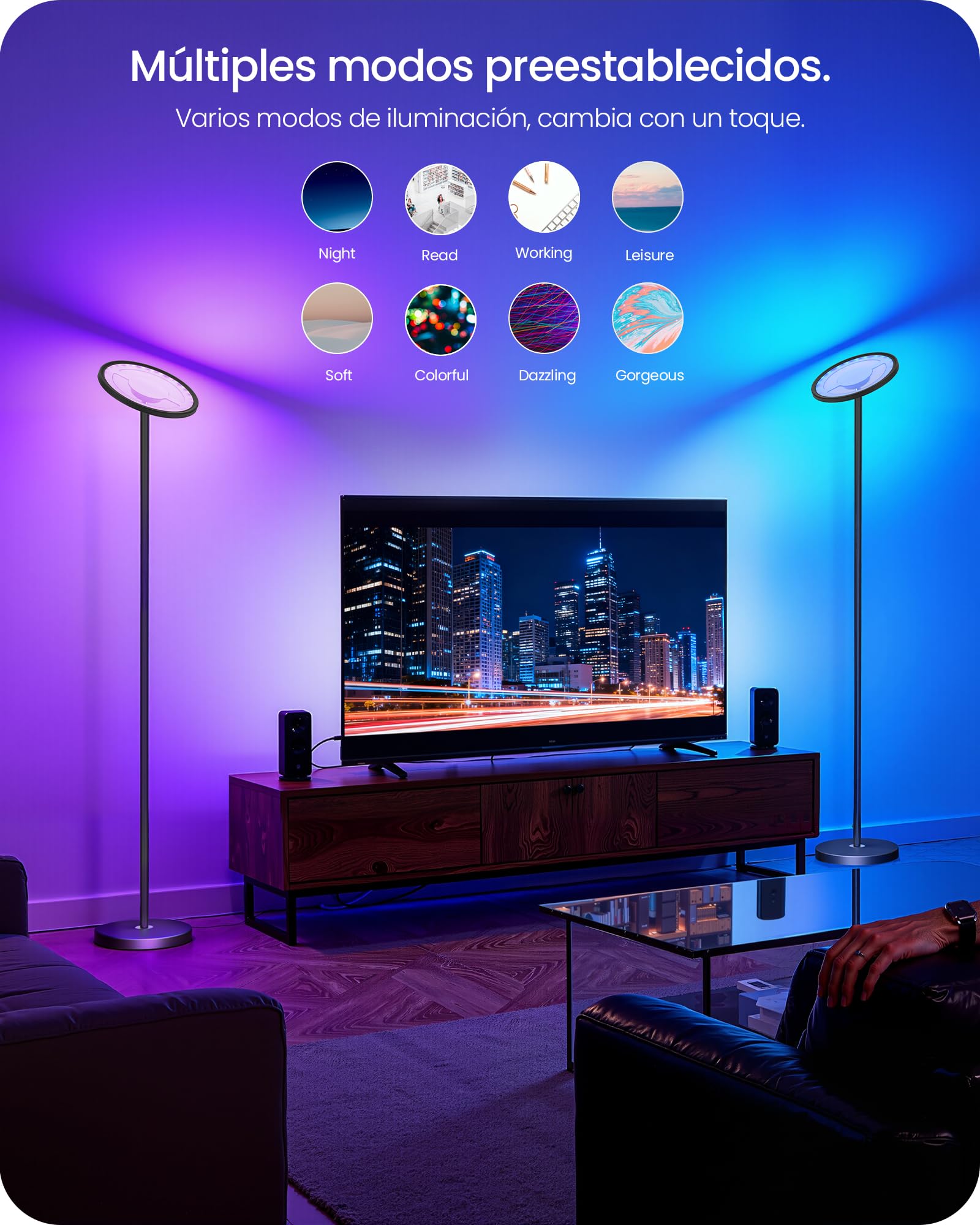 Lámpara de Pie RGB con Control por Aplicación y Voz, Compatible con Alexa, Sincronización Musical, Temporizador, Lámpara de Pie LED Inteligente, 30 W, Luz del 10 al 100%, para Salón, Negro