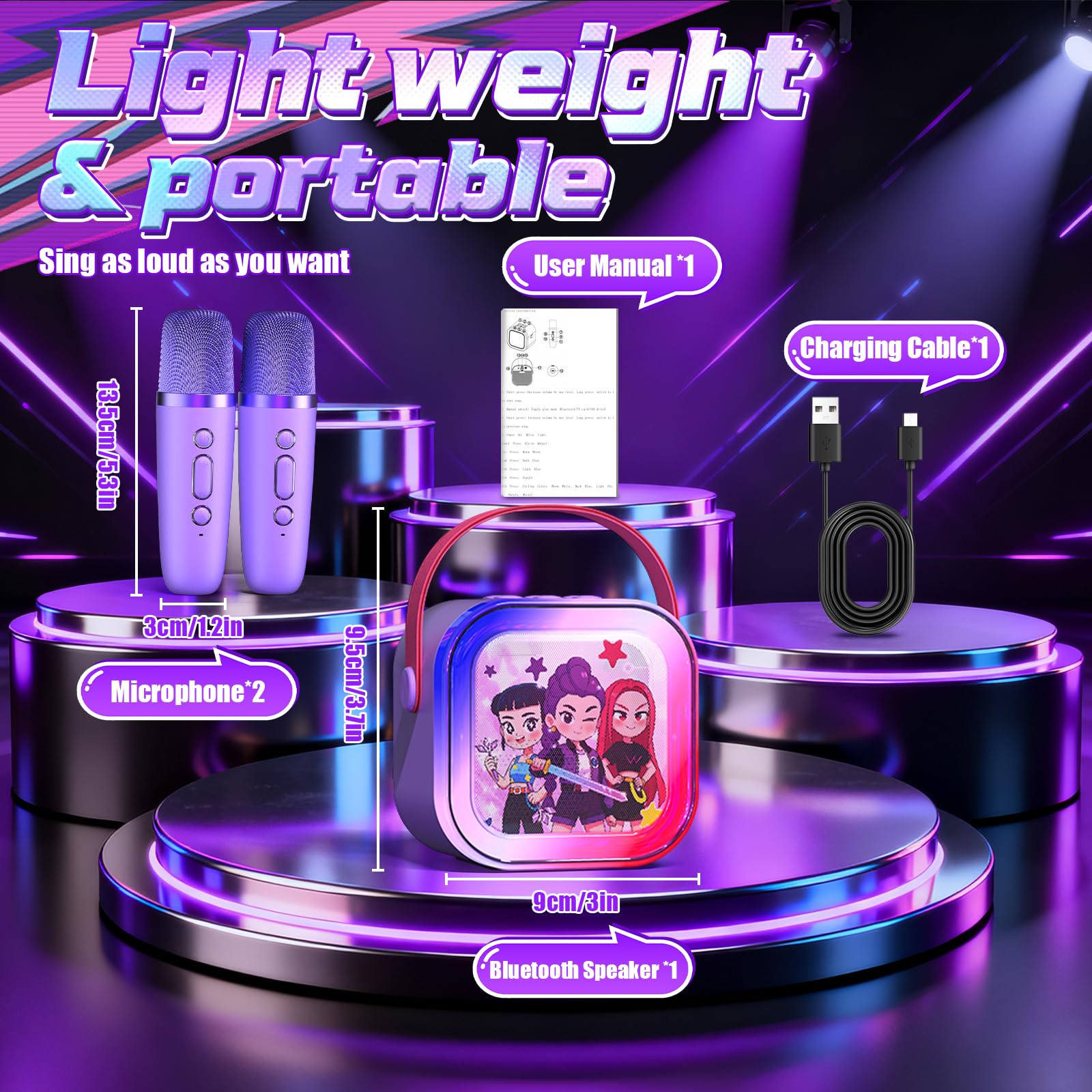 Mini macchina per karaoke per bambini dai 3 ai 12 anni: altoparlante Bluetooth portatile con 2 microfoni wireless, spettacolo di luci a LED per bambini da 3 4 5 6 7 8 9 10 anni giocattoli regali di