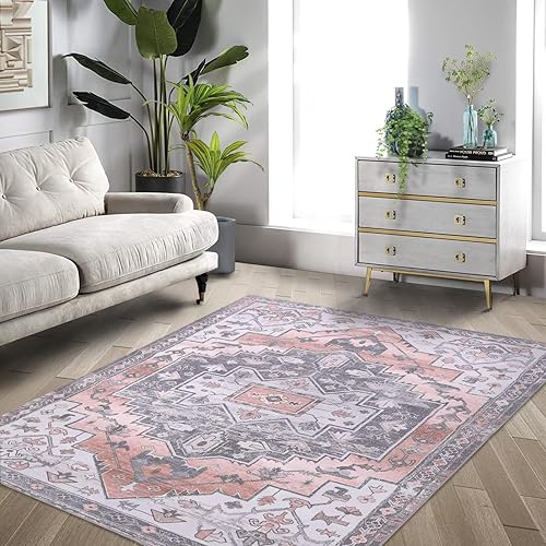 Miniatura 4 de COZYLOOM Alfombra de área de 8 x 10 pulgadas, estilo bohemio, con estampado floral, envejecida, vintage, lavable, para interiores, alfombra fina y