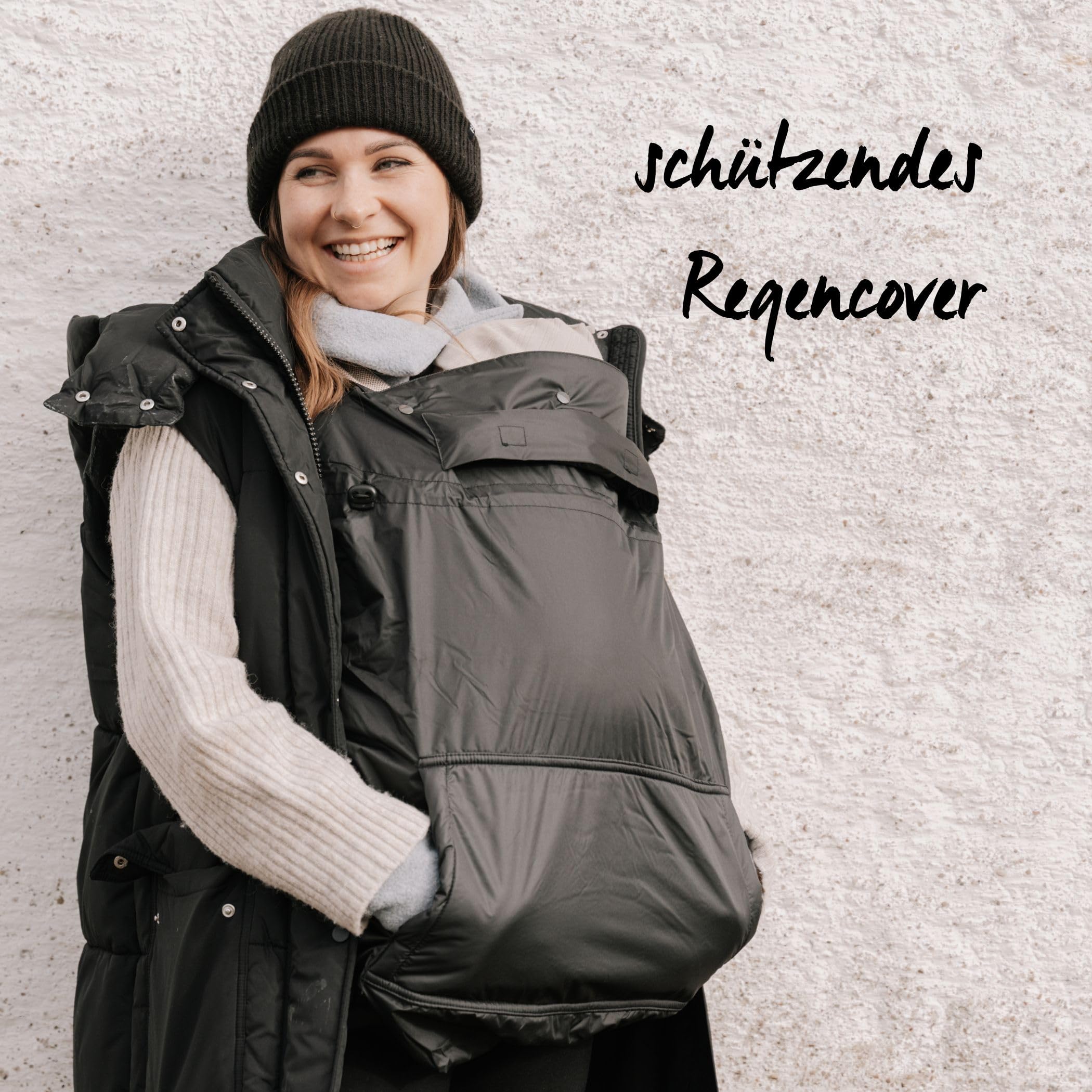Hoppediz Fleece-Cover 3-in-1 Tragecover, stone | Wärmend und universal, mit Regenschutz, Schalkragen und Handwärmer, für Babytrage und Tragetuch