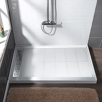 WOODBRIDGE 60"L x 34" W x 4"H Shower Base,Left Drain,Non-Slip Single Threshold Shower Pan, Solid Surface with Chrome Linear Drain Cover
