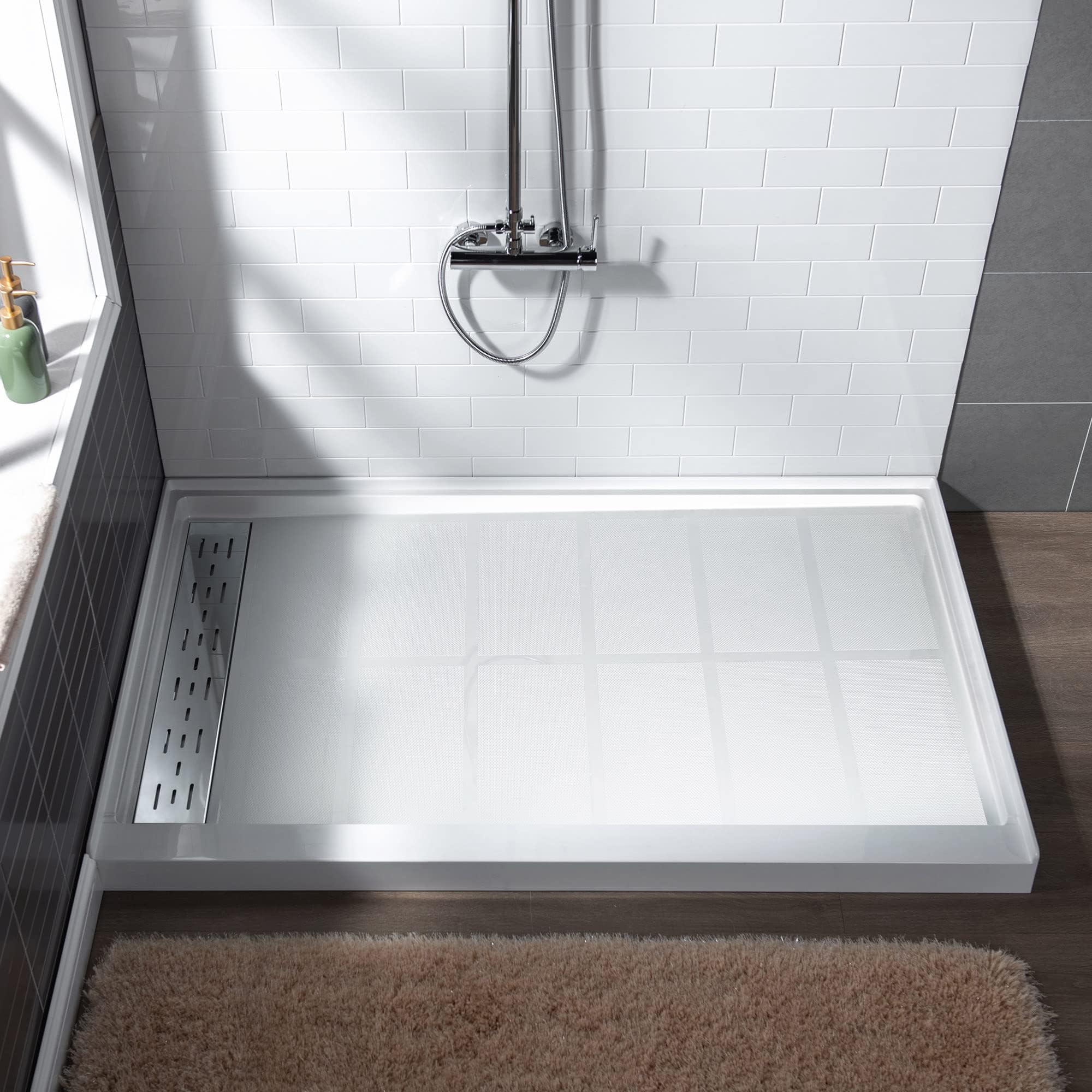 WOODBRIDGE 60"L x 34" W x 4"H Shower Base,Left Drain,Non-Slip Single Threshold Shower Pan, Solid Surface with Chrome Linear Drain Cover