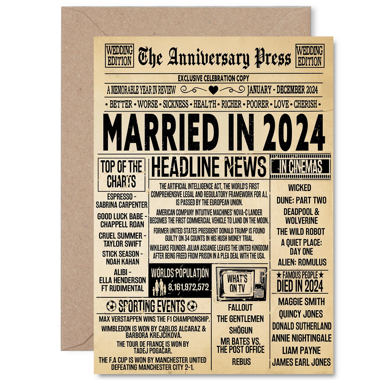 2nd Anniversary Card for Men Women - Vintage Newspaper Married in 2024 - Happy 2 Year Wedding Anniversary Card for Wife Partner Husband Companion, A5 Anniversaries Greeting Cards