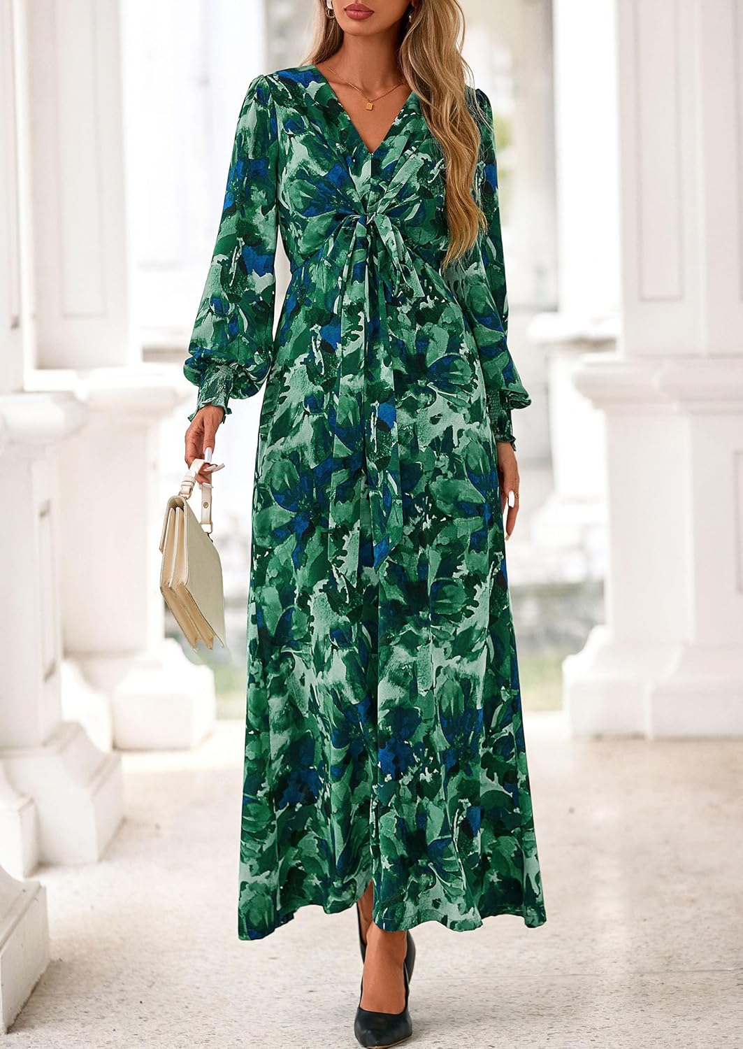 PRETTYGARDEN Women's 2026 Spring Wedding Guest Dresses Floral Long Sleeve V Neck Belted Long Flowy Boho Maxi Dress - Image 2