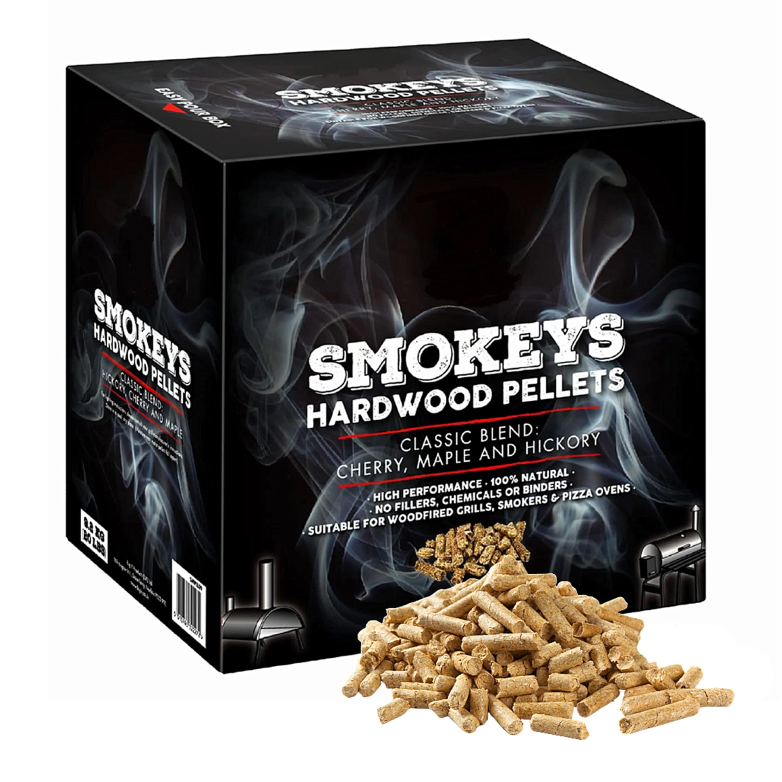 TOPLINE Big K Smokey's Premium Hardwood Pellets - 9 kg Box of 100% Natural Classic Blend Cherry, Maple & Hickory BBQ Wood Smoking Pellets with Card for Woodfire Grills, Smokers & Pizza Ovens., Brown