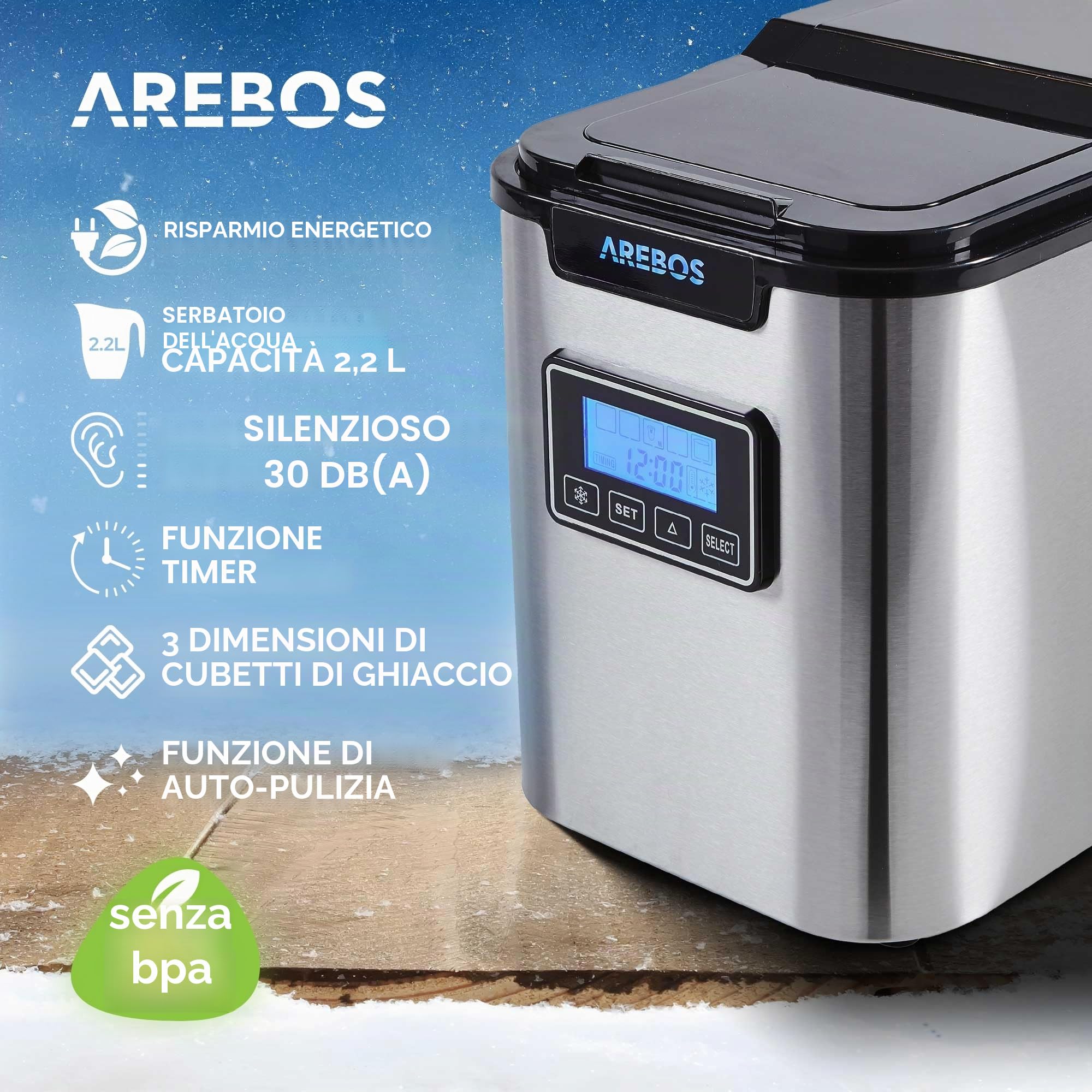 Arebos Macchina per cubetti di ghiaccio Acciaio inossidabile 2,2L | LCD | Macchina di ghiaccio | 12kg di cubetti di ghiaccio in 24 ore