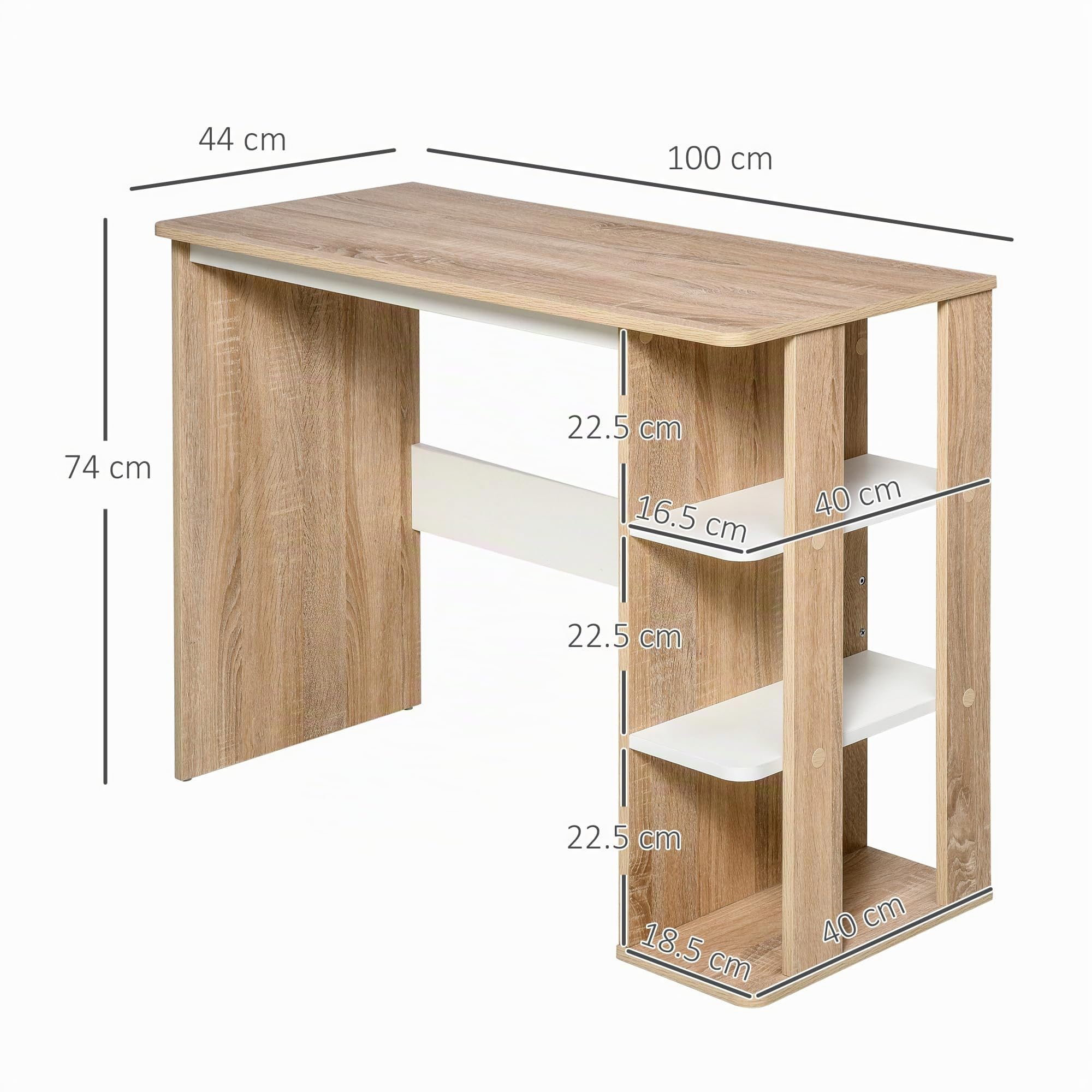 HOMCOM Scrivania per Computer con Scaffale 100x44x74cm Bianco e Quercia | Moderna, 3 Ripiani, Scrivania Moderna da Ufficio e Camera in Legno