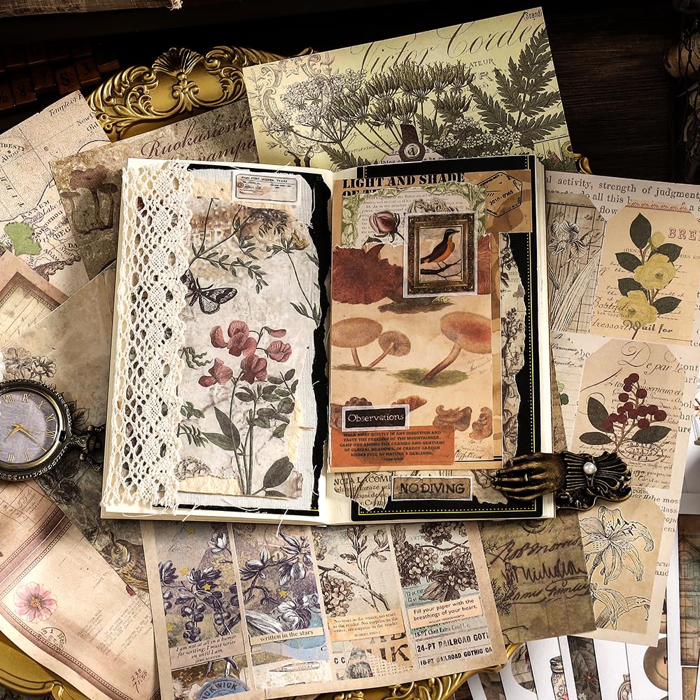Prstincol Vintage Washi Aufkleber und Papiere für Scrapbooking, Ephemera-Buch für Kunstjournaling mit Naturwald-Themen-Aufklebern und Decoupage-Papieren für Junk Journal Bullet Journal