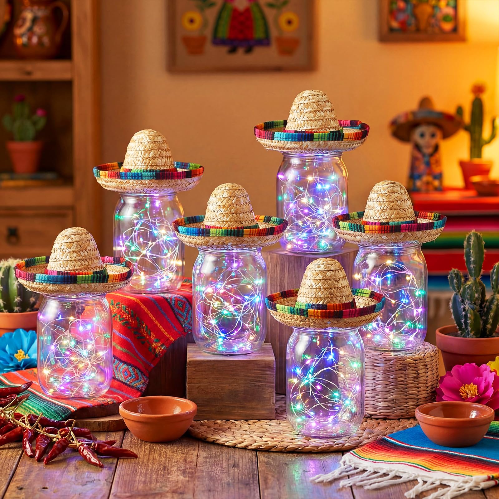 Set di 6 centrotavola messicani per feste messicane decorazioni per feste con barattoli di vetro, cappelli Sombrero, corde luminose per feste a tema taco, matrimoni, compleanni, giorno dei