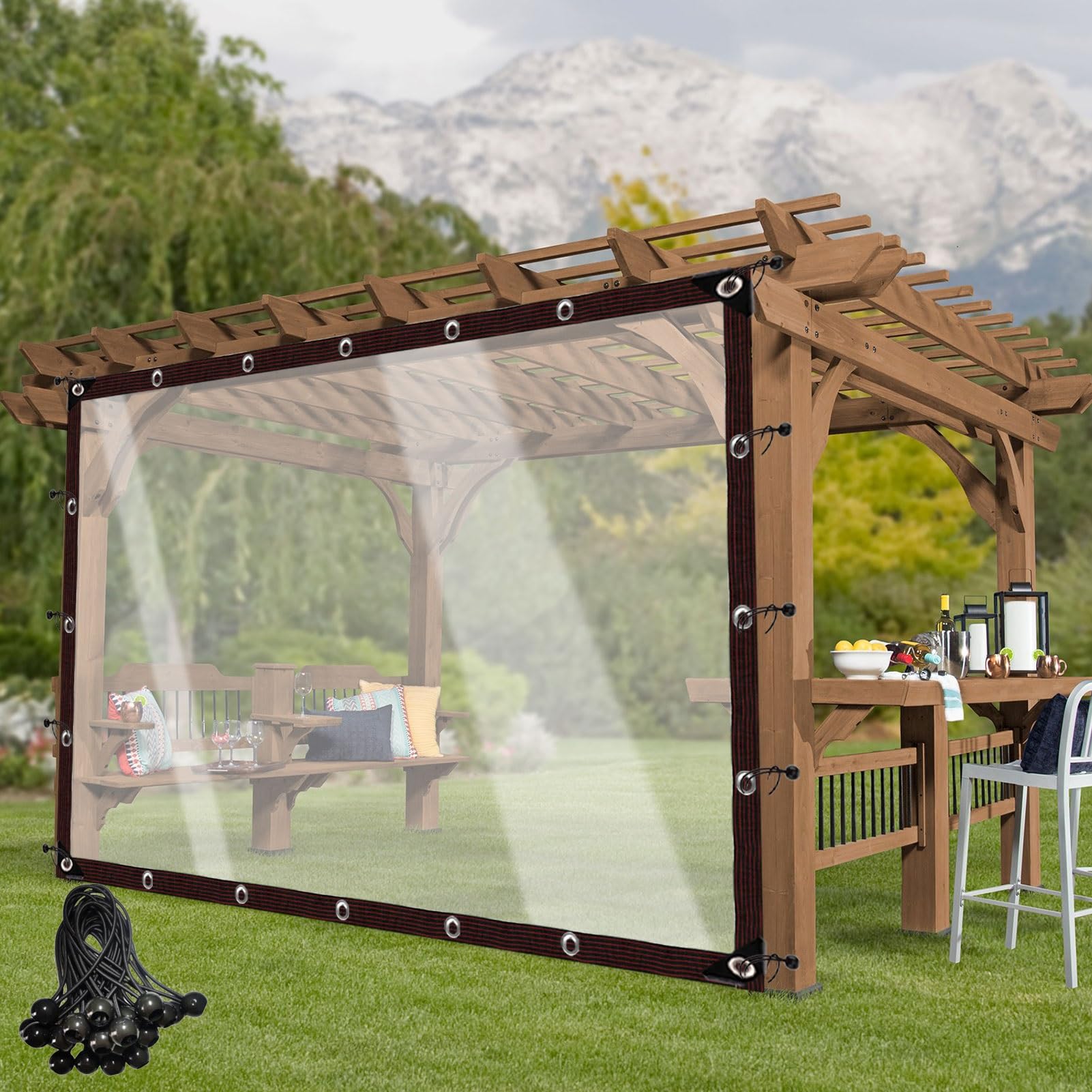 Lona transparente con ojales impermeable y resistente al viento para toldo exterior