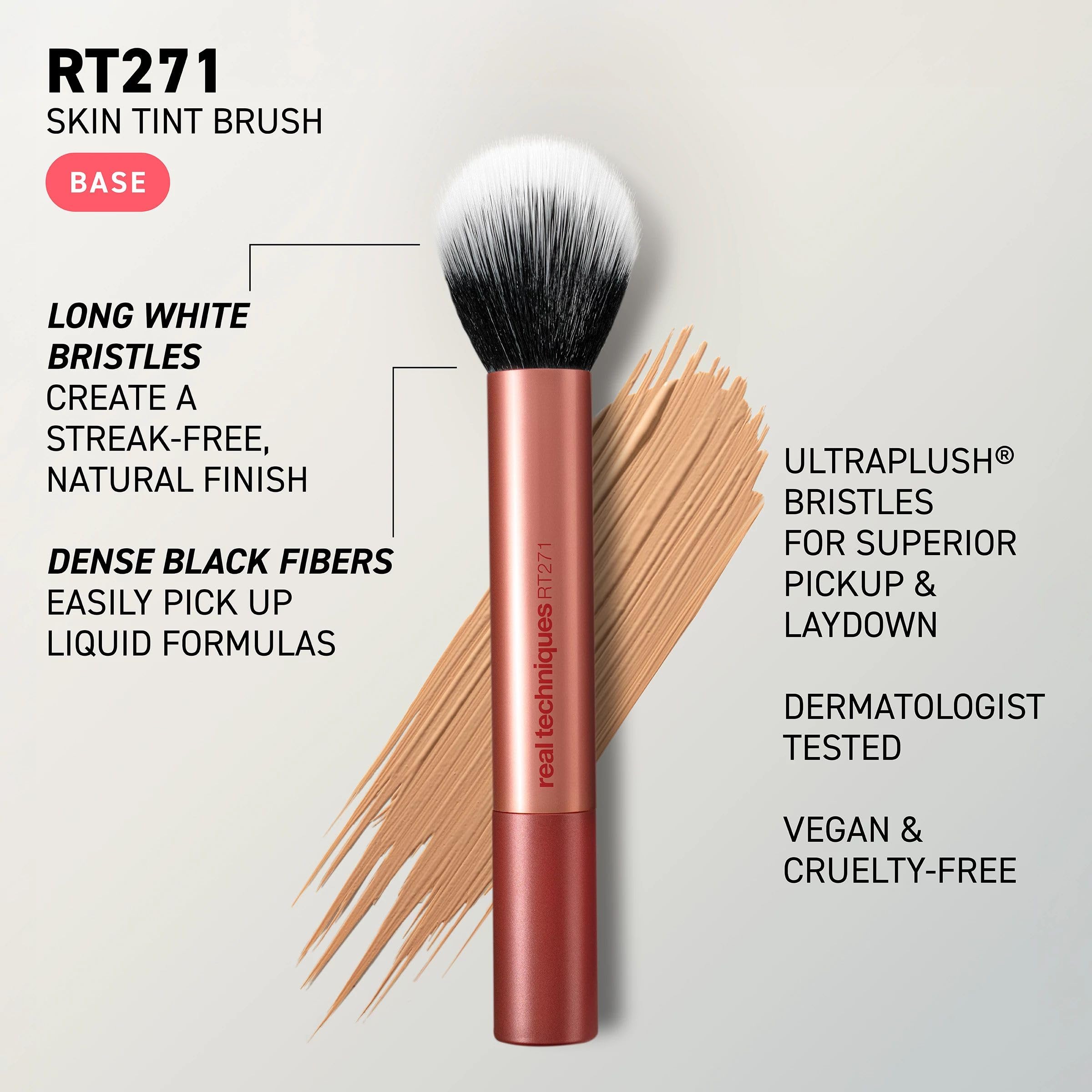 Real Techniques Skin Tint Base Brush, Liquid Foundation Makeup Brush for Skin Tint & Tinted Moisturizer, Streak-Free Blending, UltraPlush Bristles, Cruelty-Free, 1 Count