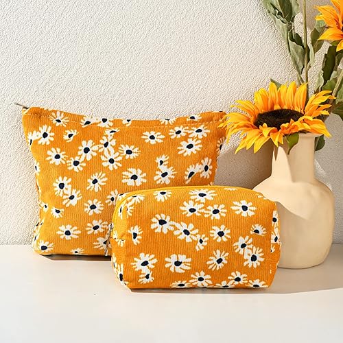 Miniatura 6 de SOIDRAM 2 piezas de bolsa de maquillaje con flores, gran capacidad de cosméticos, bolsa de lona mixta, bolsa de artículos de aseo para viajar,