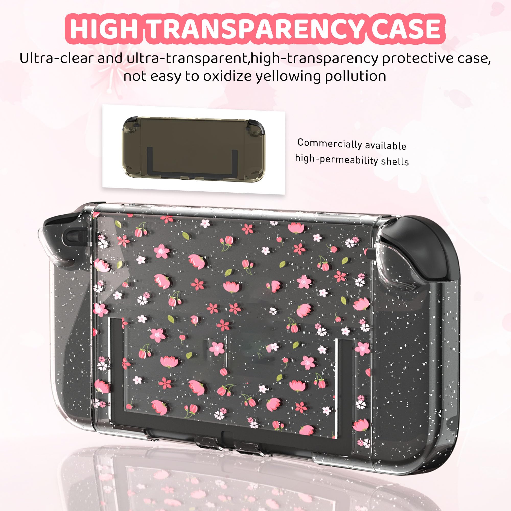 RHOTALL Custodia da trasporto rosa con fiori di ciliegio per Nintendo Switch 2, custodia protettiva da viaggio Sakura, custodia trasparente glitterata con fiore agganciabile per Switch 2, pellicola