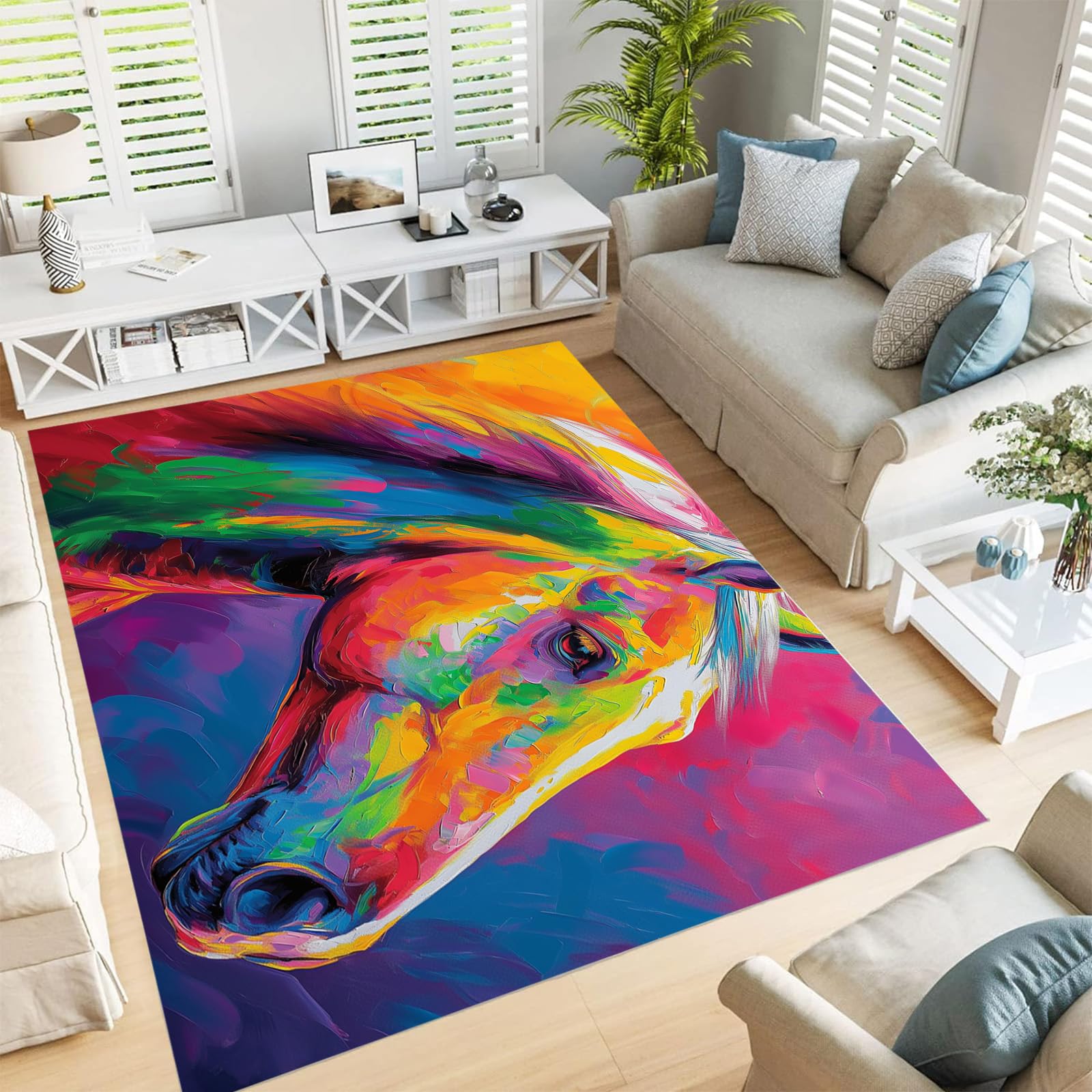 Tapis de salon 90x150 cm orange avec tête de cheval 3D