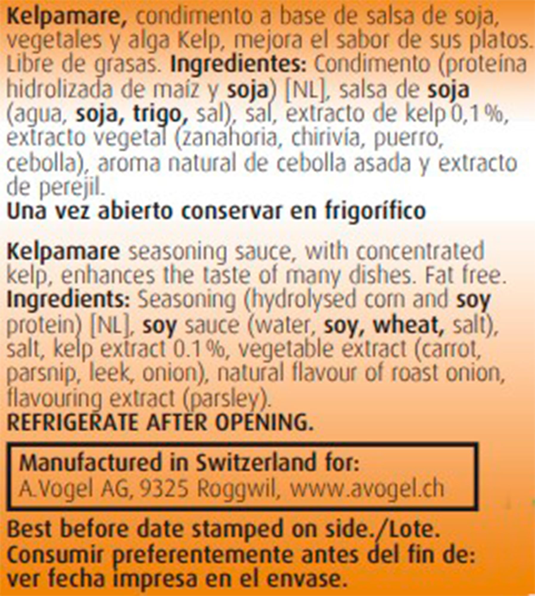 A.Vogel Kelpamare Salsa de Soja con Vegetales y Alga Kelp Condimento Natural Suizo 85 ml