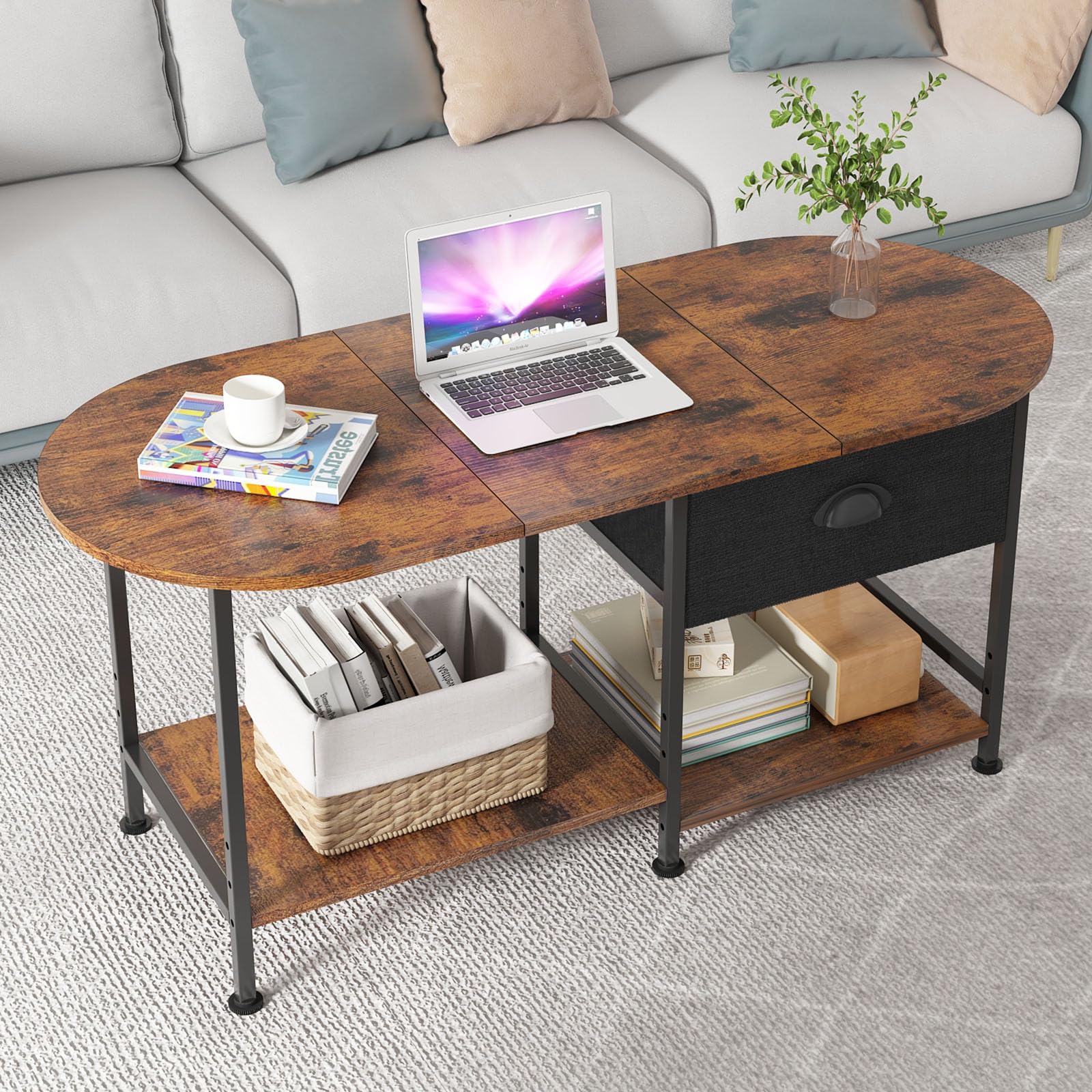 Photo 1 of *used* 37" Oval Small Coffee Table with Storage,Modern Wood Living Room Center Table for Small Space,Apartment,Home Office,Drawer & Open Shelves,Easy Assembly,Rustic Brown