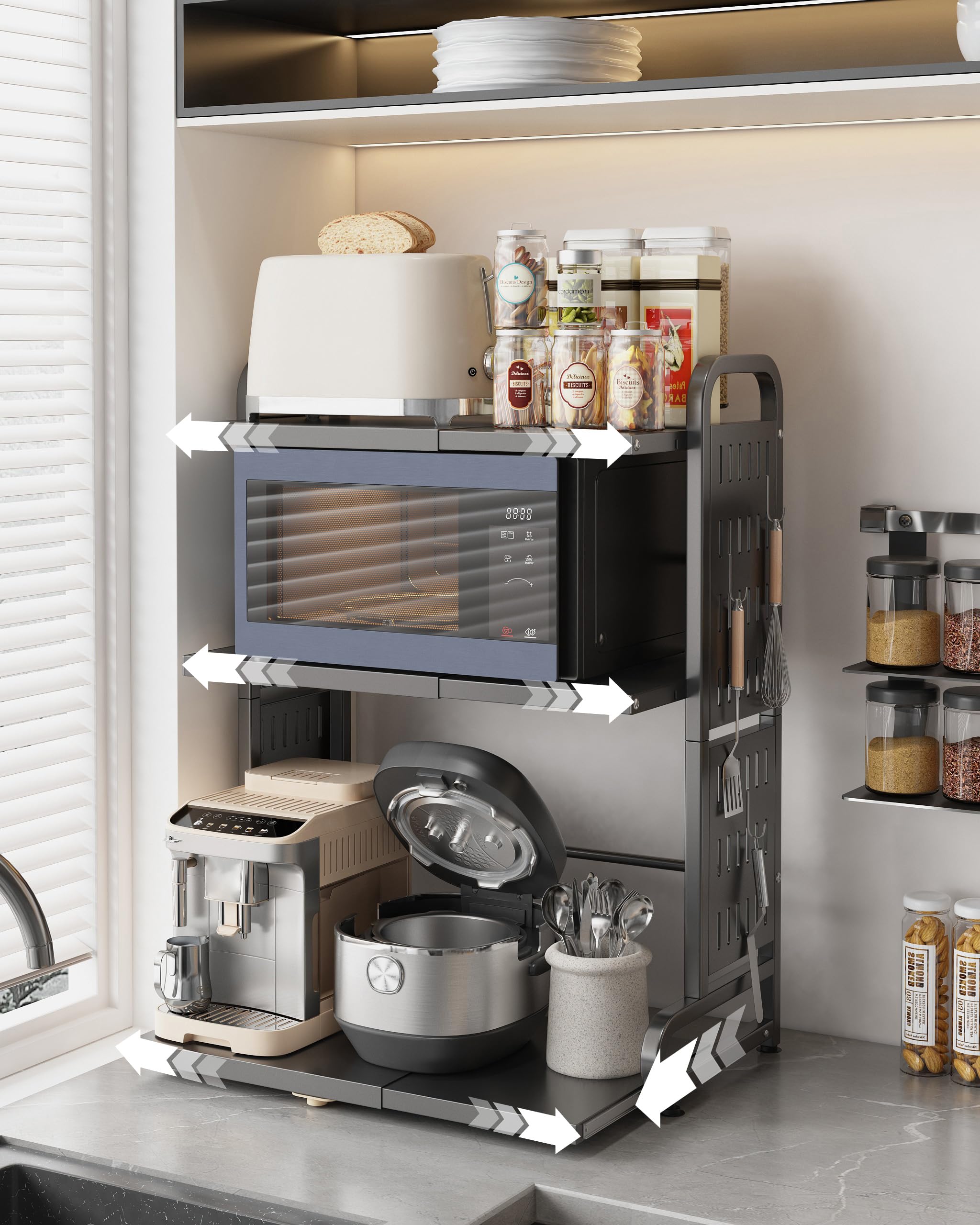 Ornestia Expandable Microwave Shelf,3-Tier Microwave Stand With 6 Metal Hooks, kitchen Shelves for Air Fryer,Kitchen Countertop Storage Organiser,Black