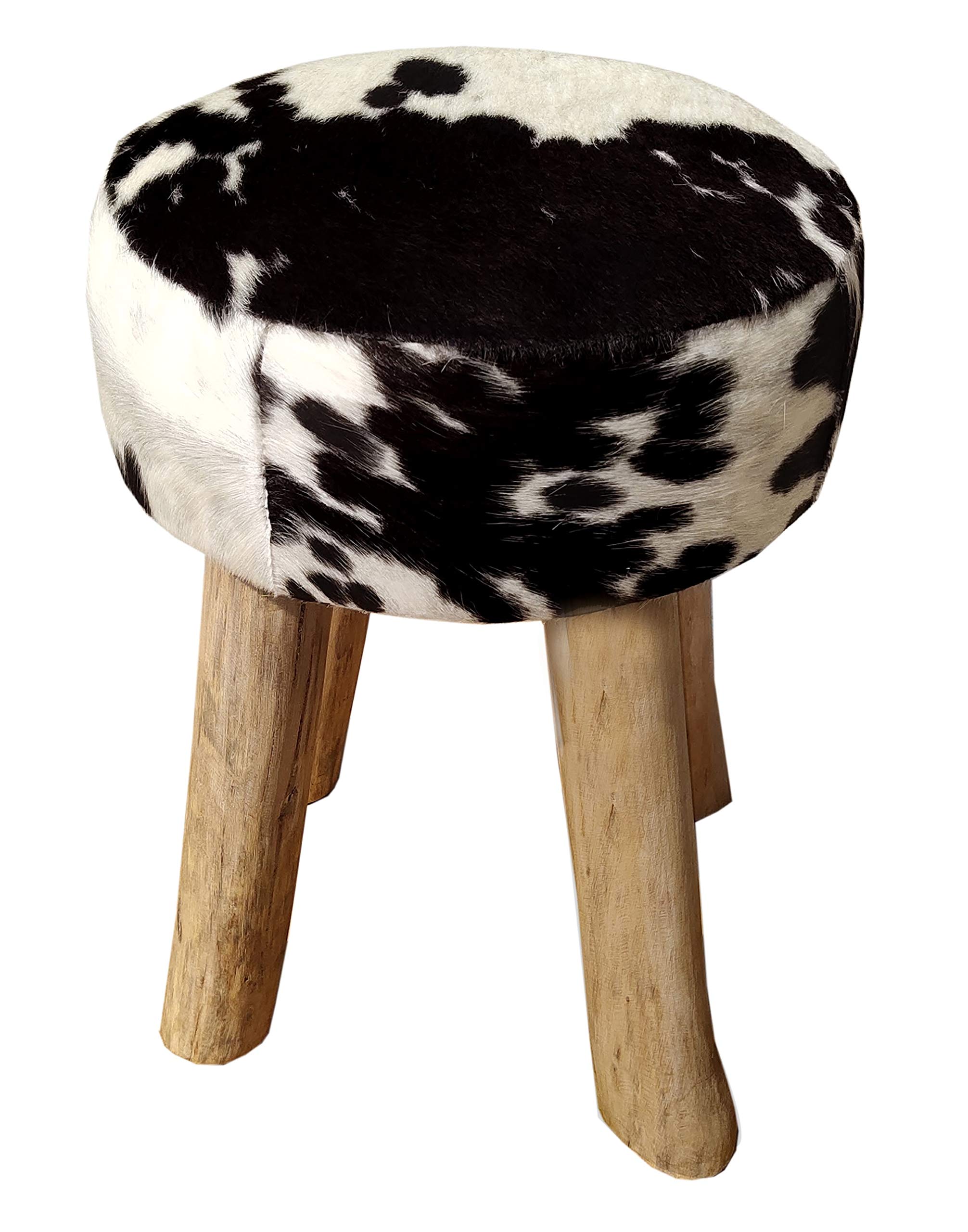 INDY Round Stool in Black & White Cow Hide with Rustic Wood Legs