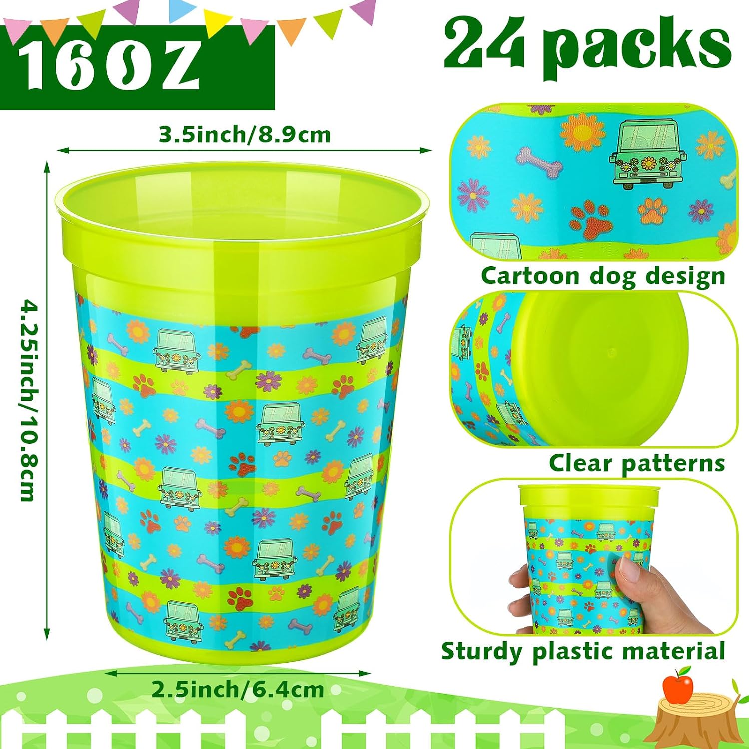 Qinyoung 24 Pack Mysterious Theme Party Decorations Plastic Cups 16 oz Cartoon Dog Car Bus Daisy Flower Dog Paw Design Cups for Birthday Baby Shower Party Favors Supplies