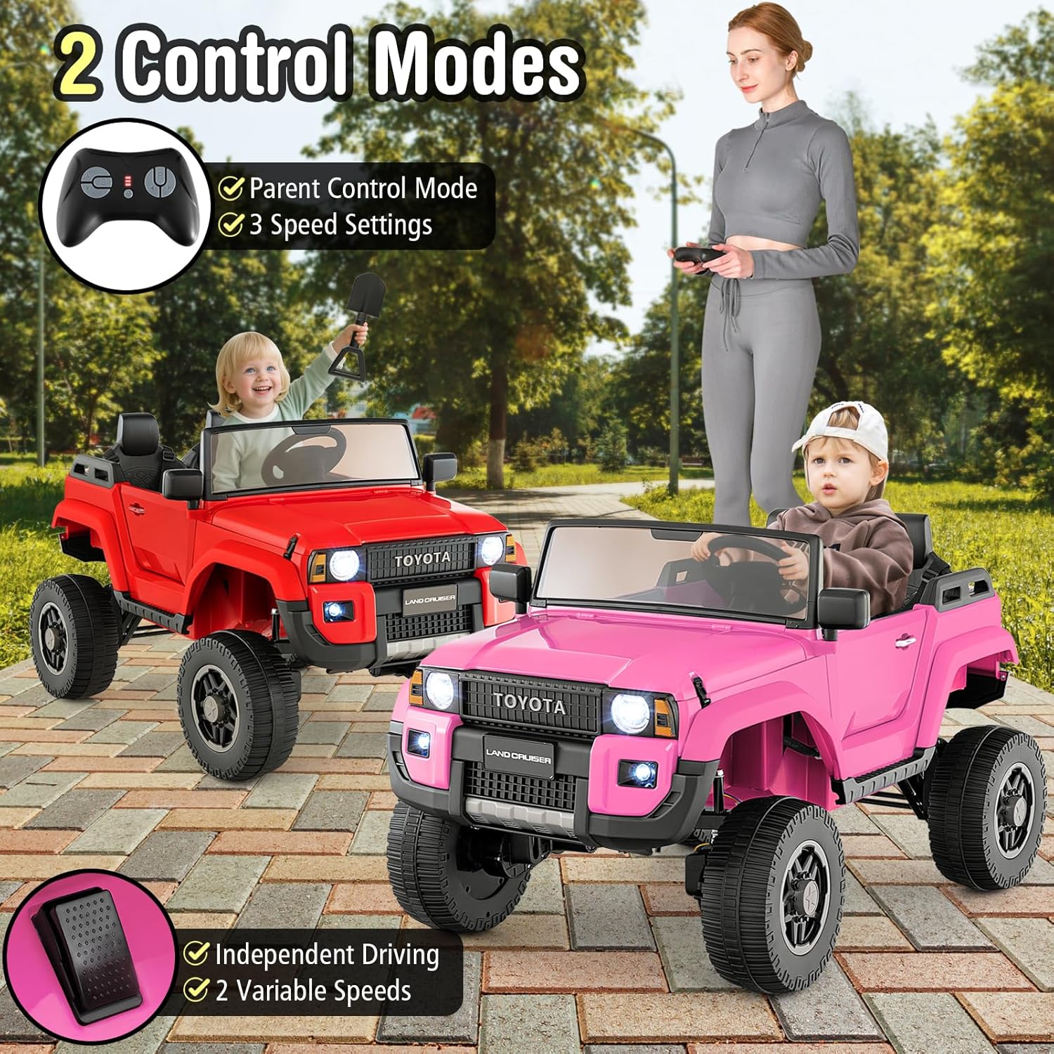 Costzon 24V 2 Seater Ride on Car for Kids, 4WD/2WD Switchable Licensed Toyota LC250 Ride on Truck w/Remote, Shovel, Music & Sounds, Electric Vehicle w/4-Wheel Spring Suspension for Ages 3+ (Pink)