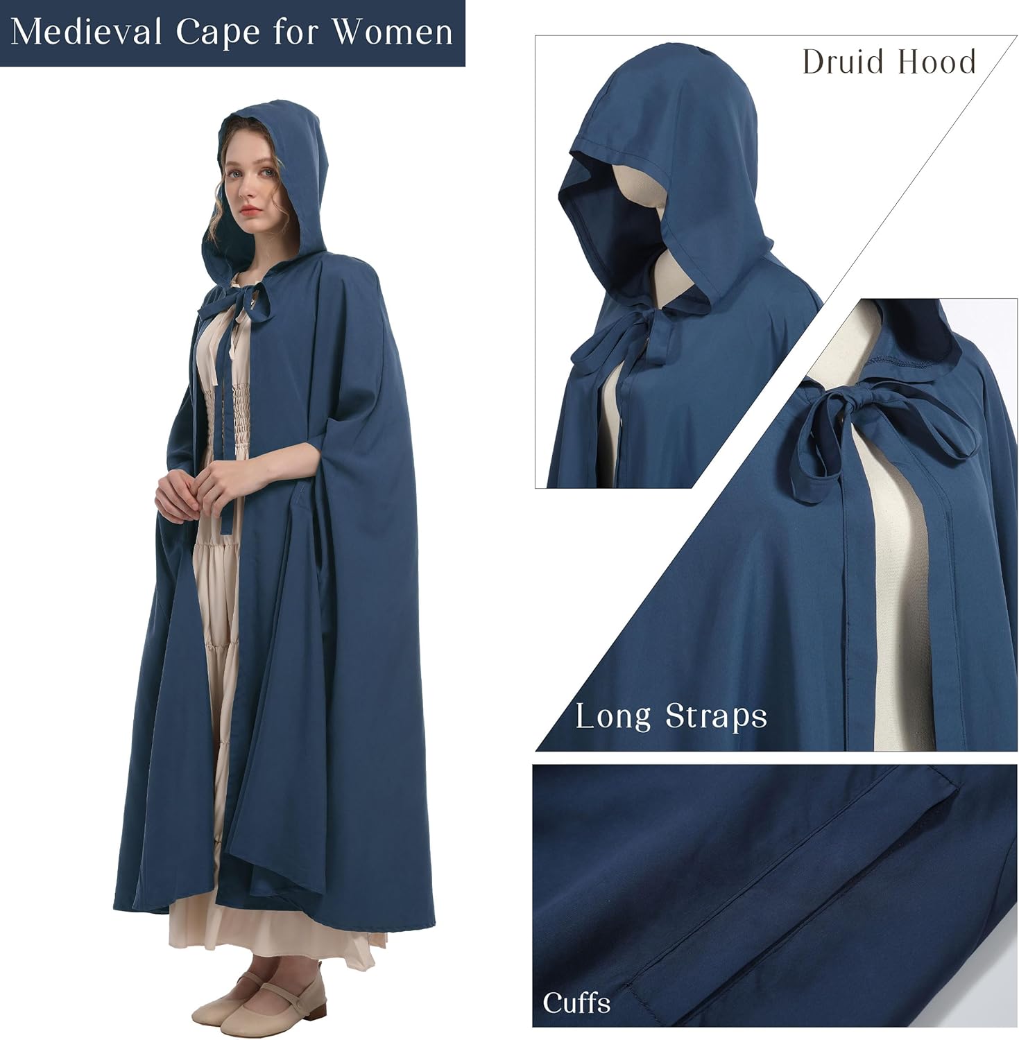 Renaissance Cloak Women,Medieval Cloak with Hood,Adult Hobbit Cape with Arm Holes Halloween
