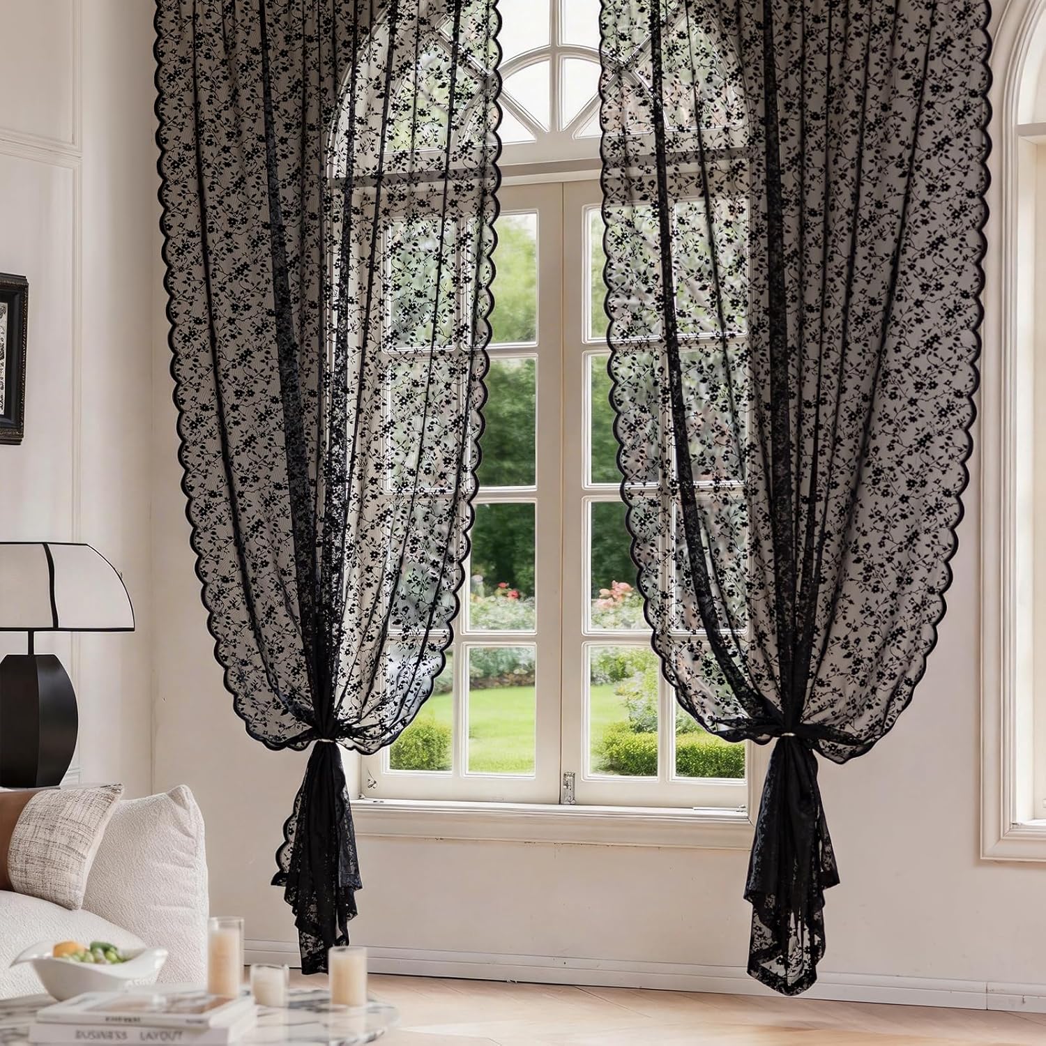 Anmao Vintage Lace Sheer Curtains 45 Inches Long - Romantic Floral Semi-Sheer Voile Panels for Living Room & Bedroom, Rod Pocket Light Filtering Drapes, Set of 2 Panels (52" W x 45" L), Black