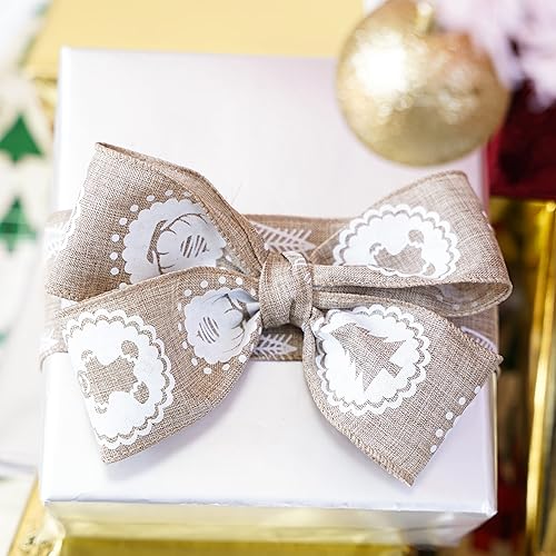 Miniatura 5 de MEEDEE - Cintas de Navidad de 2.5 pulgadas, 6 rollos, 36 yardas en total, arpillera blanca con alambre y diseño blanco, para decoración de árbol de