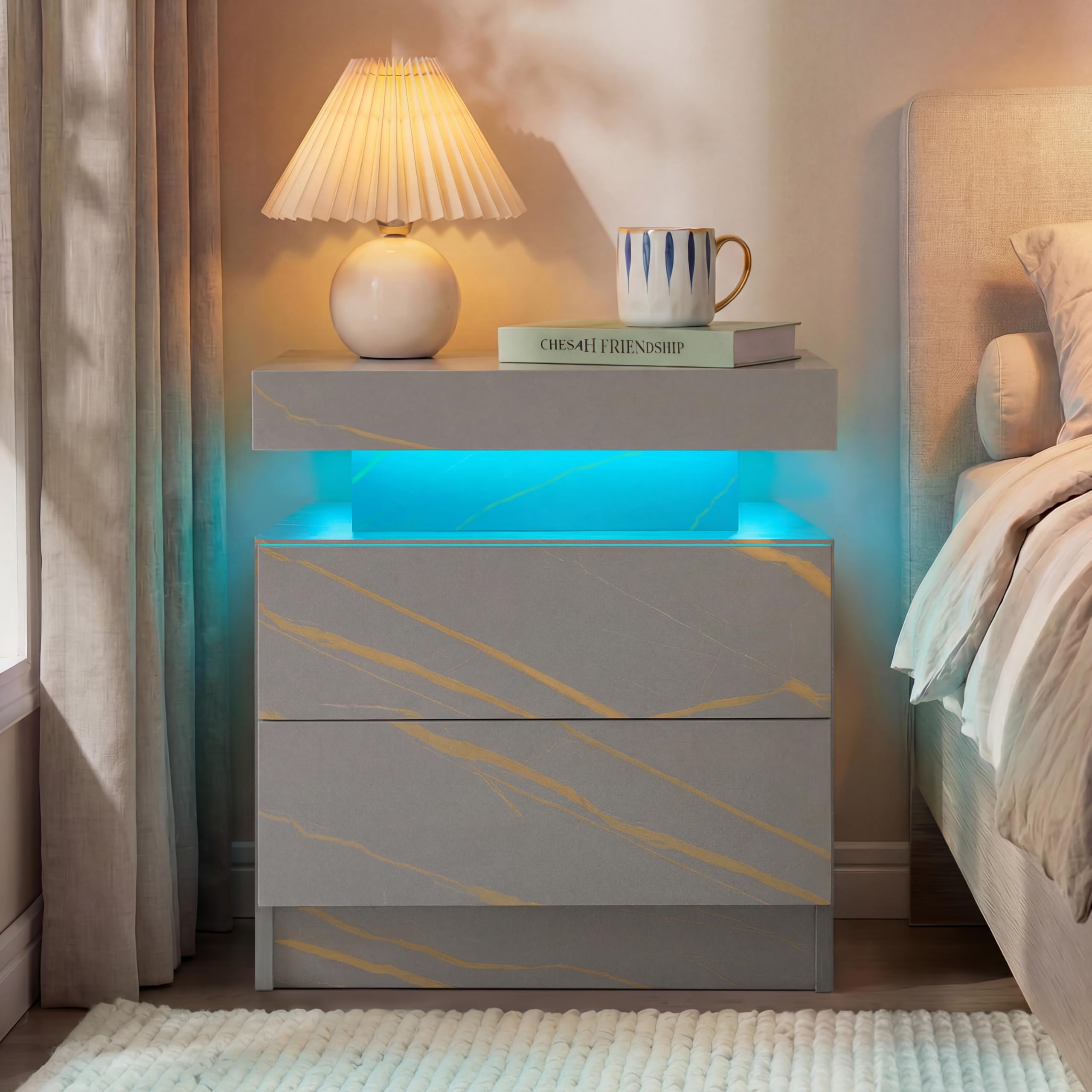Cubehom LED Bedside Table with 2 Drawers Modern Bedside Table LED Nightstands for Bedroom (Grey Gold, 1PCS)