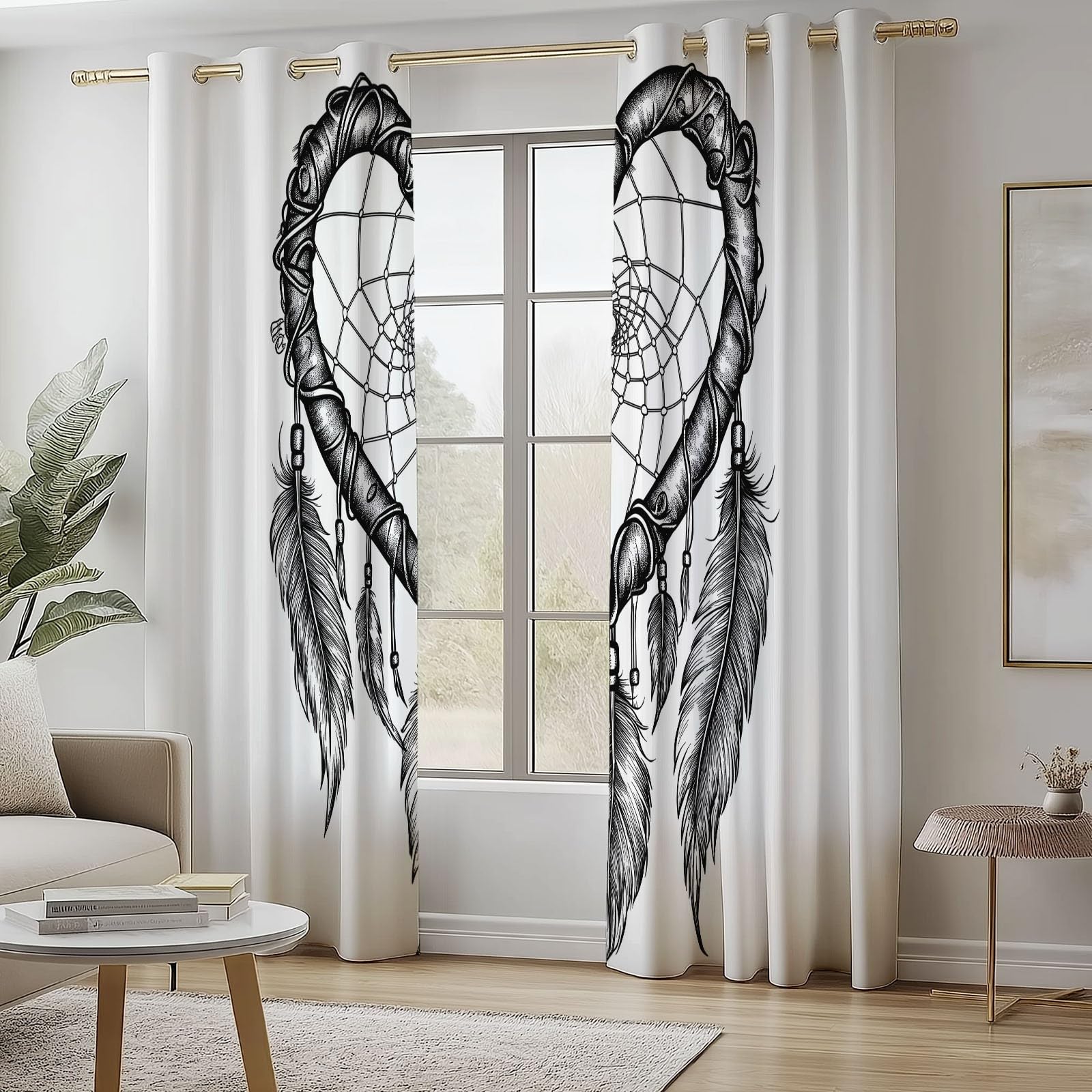 Rideaux Occultants 91.5x214 cm 2 Panneaux Attrape-rêves Coeur Tissu Occultant Chambre Enfant Blanc