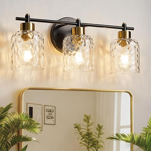 Miniatura 1 de Lámparas de baño con vidrio martillado, 21.2 pulgadas, 3 luces de tocador de granja para baño, accesorios de iluminación rústicos negros y dorados
