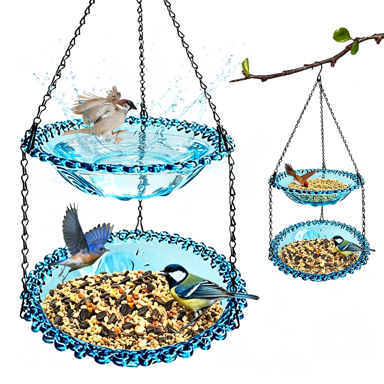 Bird Feeder and Bath 2 in 1, 23.5cm Double Bird Feeders Hanging Station