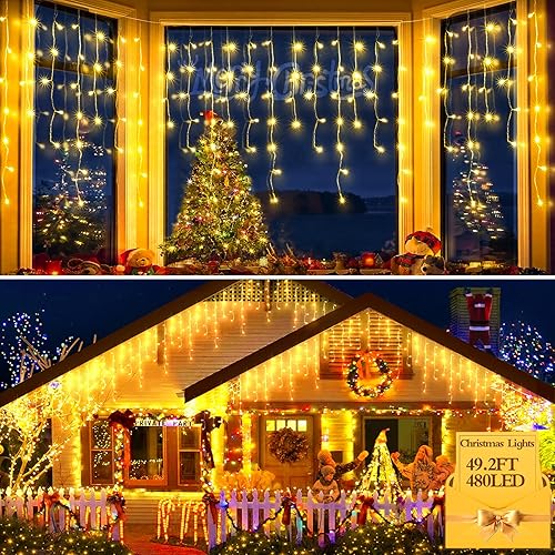 Miniatura 11 de Luces de Navidad para exteriores, 49 pies, 450 luces LED de hielo para exteriores, tira de luces de hielo con 8 modos, temporizador impermeable con