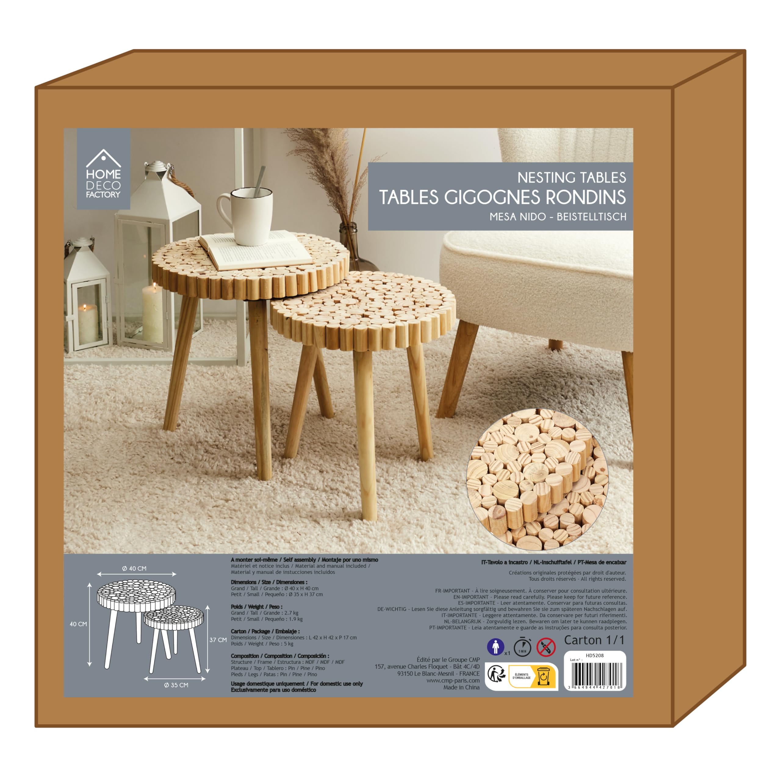 HOME DECO FACTORY Lot de 2 Tables Gigognes Rondin en Bois Design Marron | Bois, lot de 2 tables gigognes rondin, design original, salon ou salle à manger, gain de place, 40x40x40 cm, marron