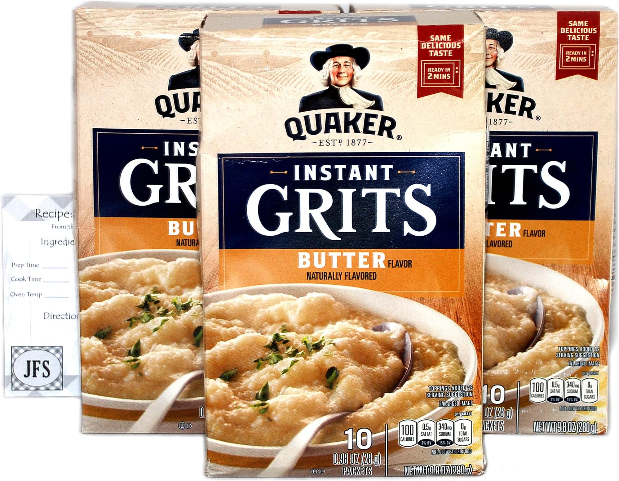 Butter Flavor Quaker Instant Grits, 3- 9.8Oz Boxes of 10 Packets Each (30 Packets Total) Bundled with a JFS Recipe Card