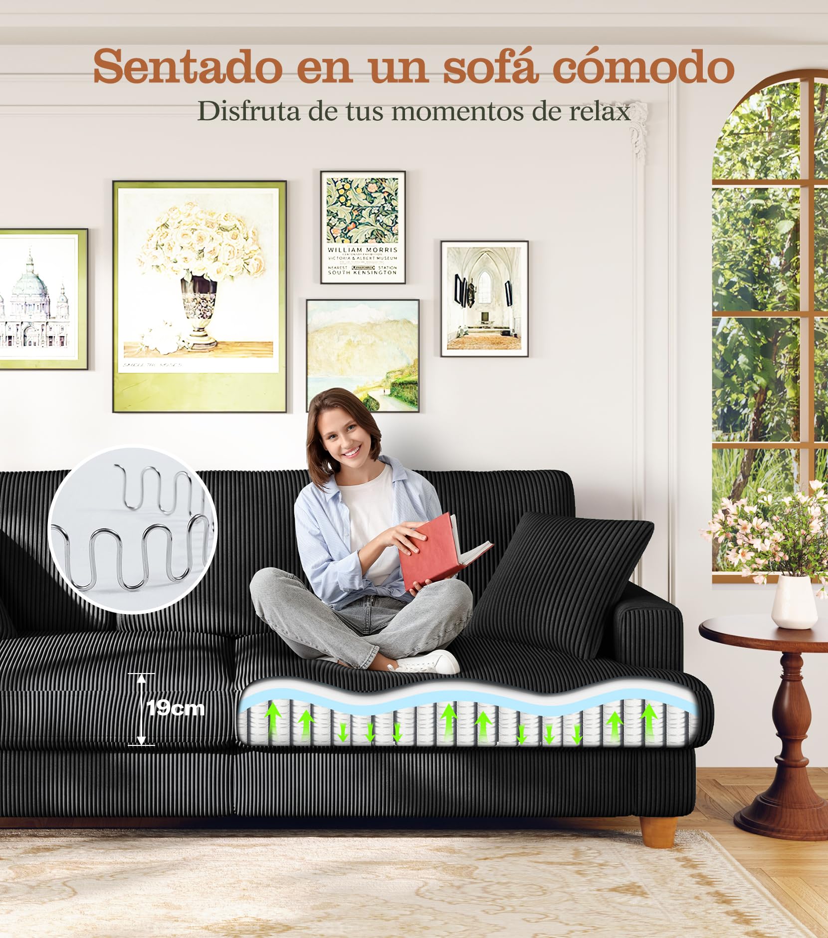 Kidirect Sofá de Pana de 3 plazas, 221 cm cómodo sofá de 53 cm Asientos Extra Profundos, sofá de salón Montaje sin Herramientas sofá Grande con 2 Cojines, sofá Moderno para Oficina, Negro