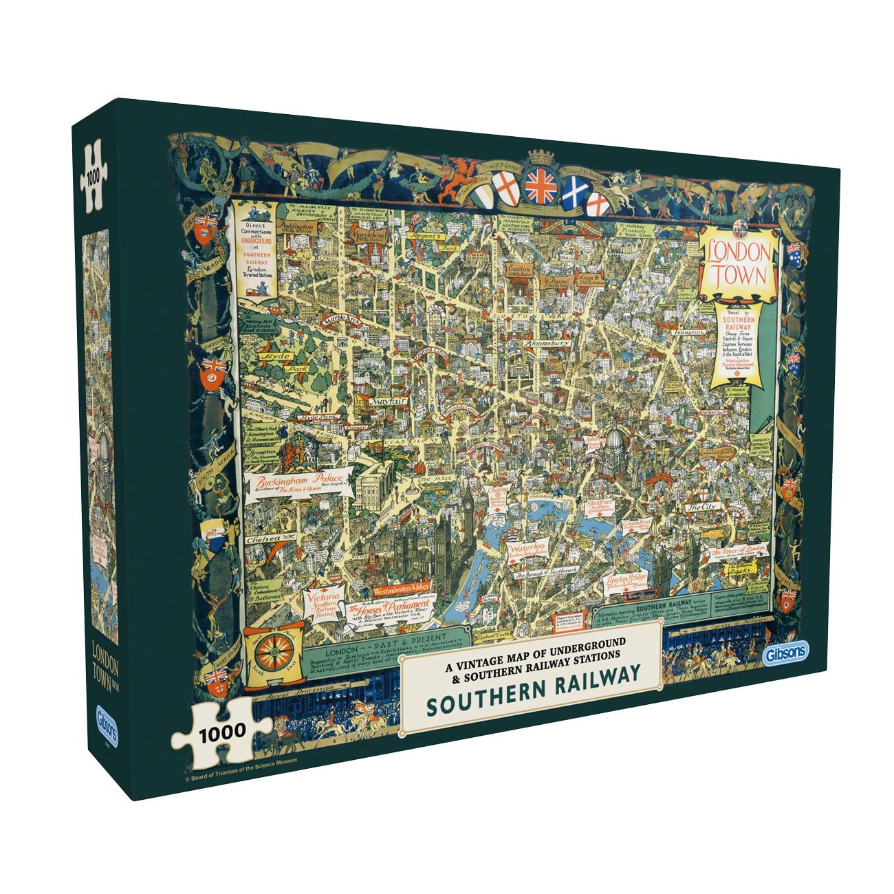 Gibsons London Town by Southern Railway 1000 Piece Jigsaw Puzzle for Adults – Pictorial Map with Landmarks & Railway Stations by Kerry Lee - Nostalgic British Artwork - Sustainably Made in the UK/EU — image 1