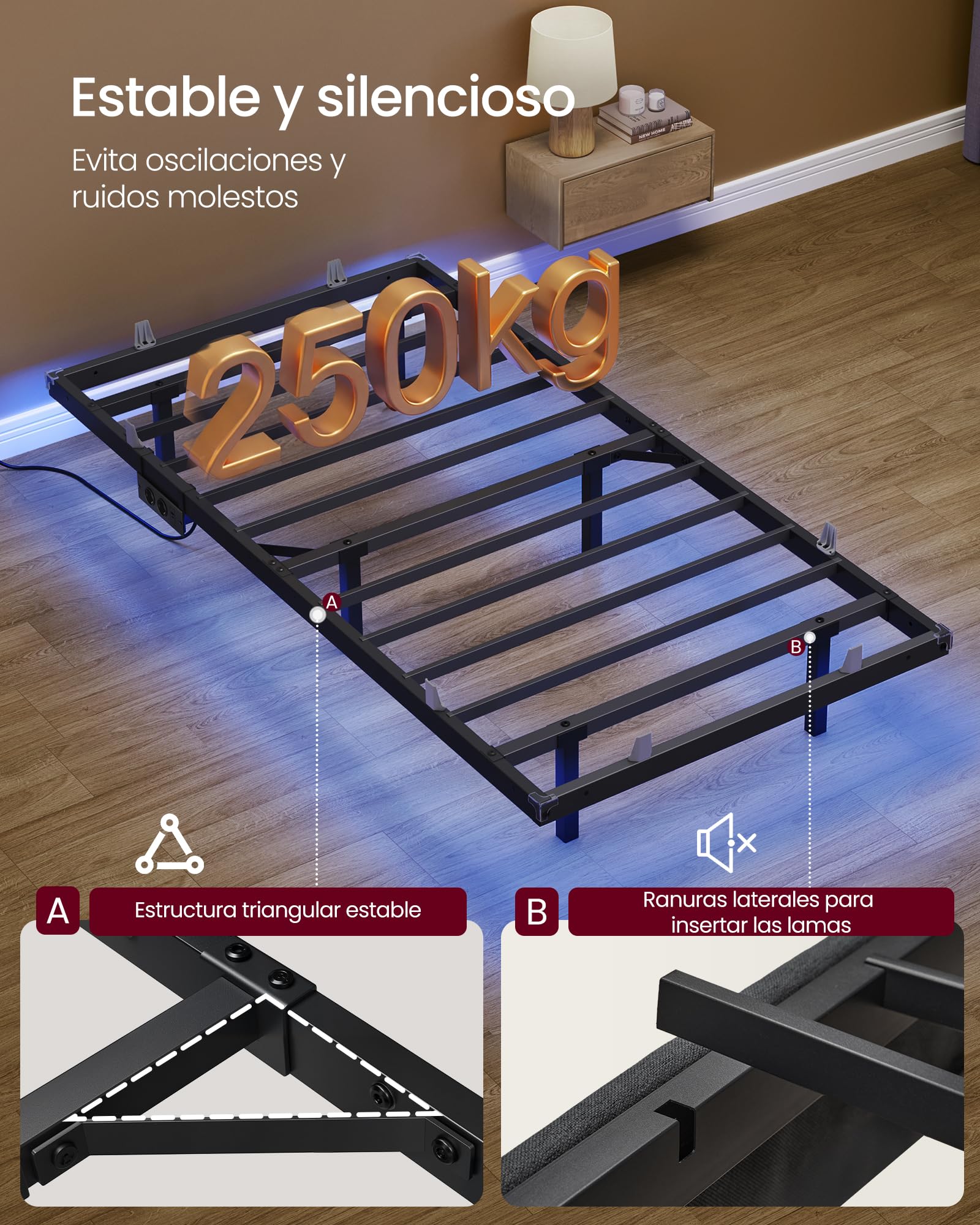 VASAGLE Marco de Cama 90 x 190 cm, Luces LED, Estación de Carga Extraíble, 2 Tomas CA, 1 Puerto USB-C, 1 Puerto USB-A, 1 en Posterior, Soporta hasta 250 kg, Negro Tinta RMB171B101