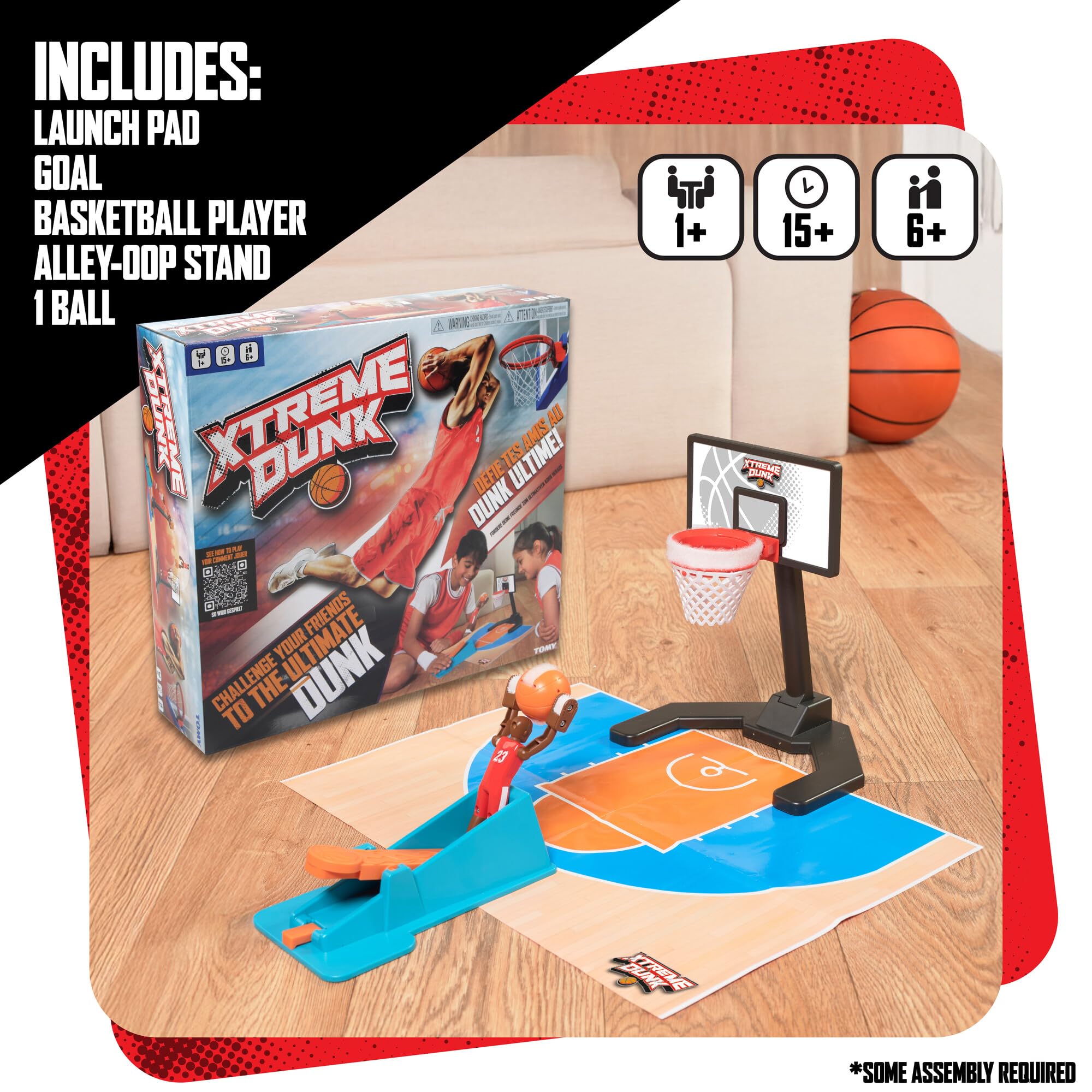 TOMY Xtreme Dunk - Gioco di pallacanestro, giocattolo ricco di azione per bambini, con rampa di lancio e funzione di lancio, Slam Dunks e Alley-Oops, 1-4 giocatori, dai 6 anni in su, senza batterie