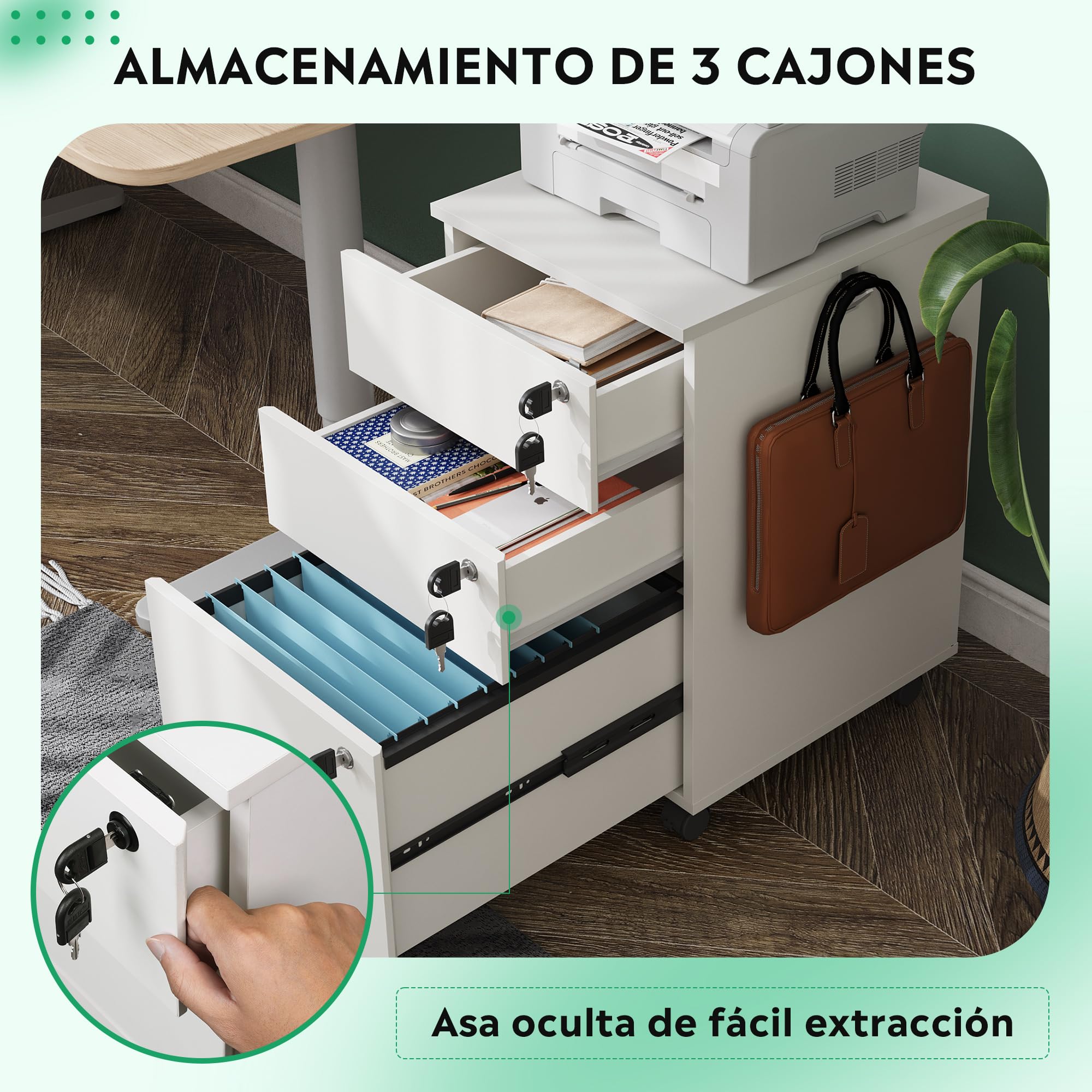 DEVAISE Archivador de 3 Cajones con Cerradura, Mueble Bajo Escritorio Sólido para Documentos A4/Legal/Carta,Blanco