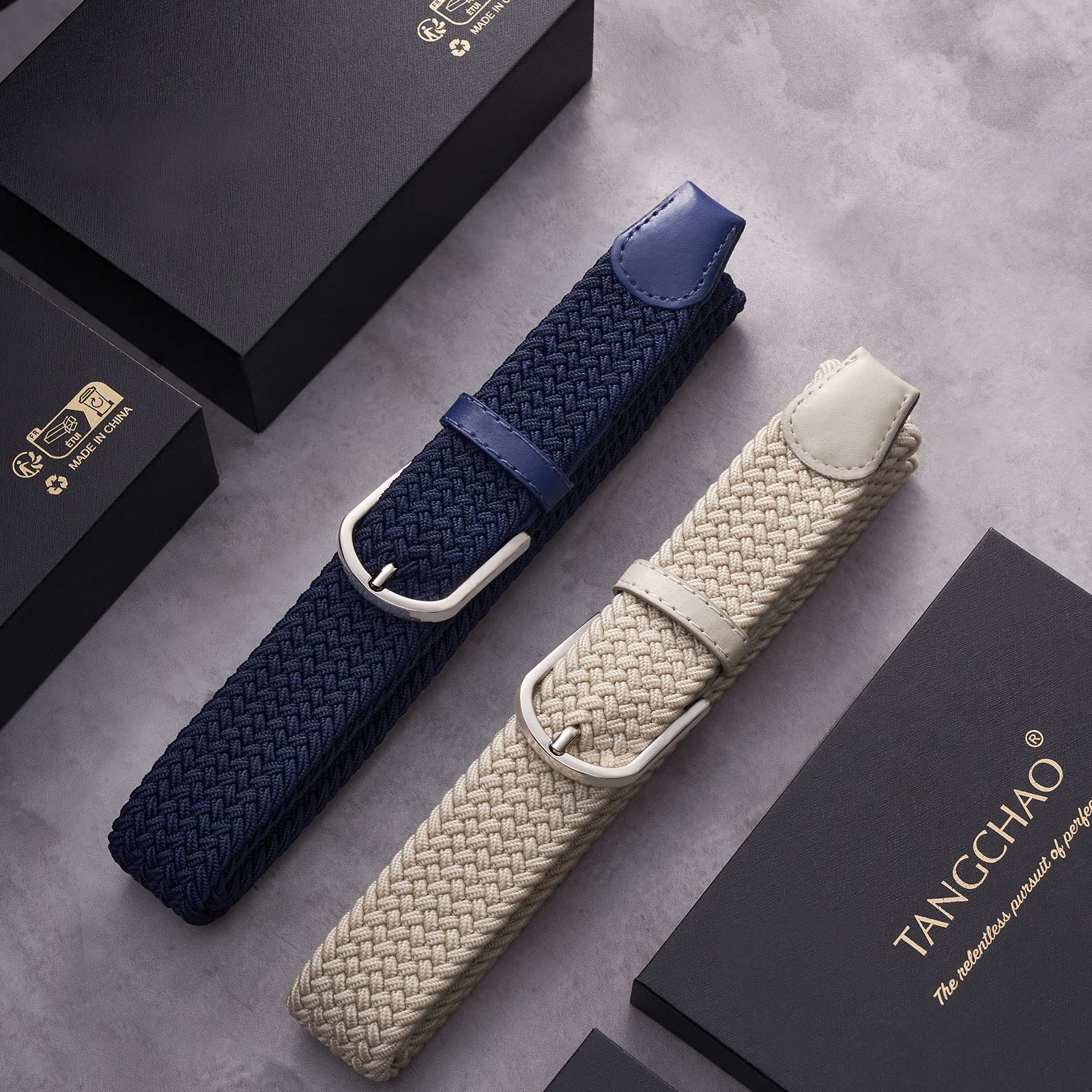 TANGCHAO 2 Pezzi Cintura Elastica Intrecciata per Uomo e Donna Cinturino Elastica Intrecciata con Fibbia in Lega di Zinco 33mm (1.25") Colori Multipli