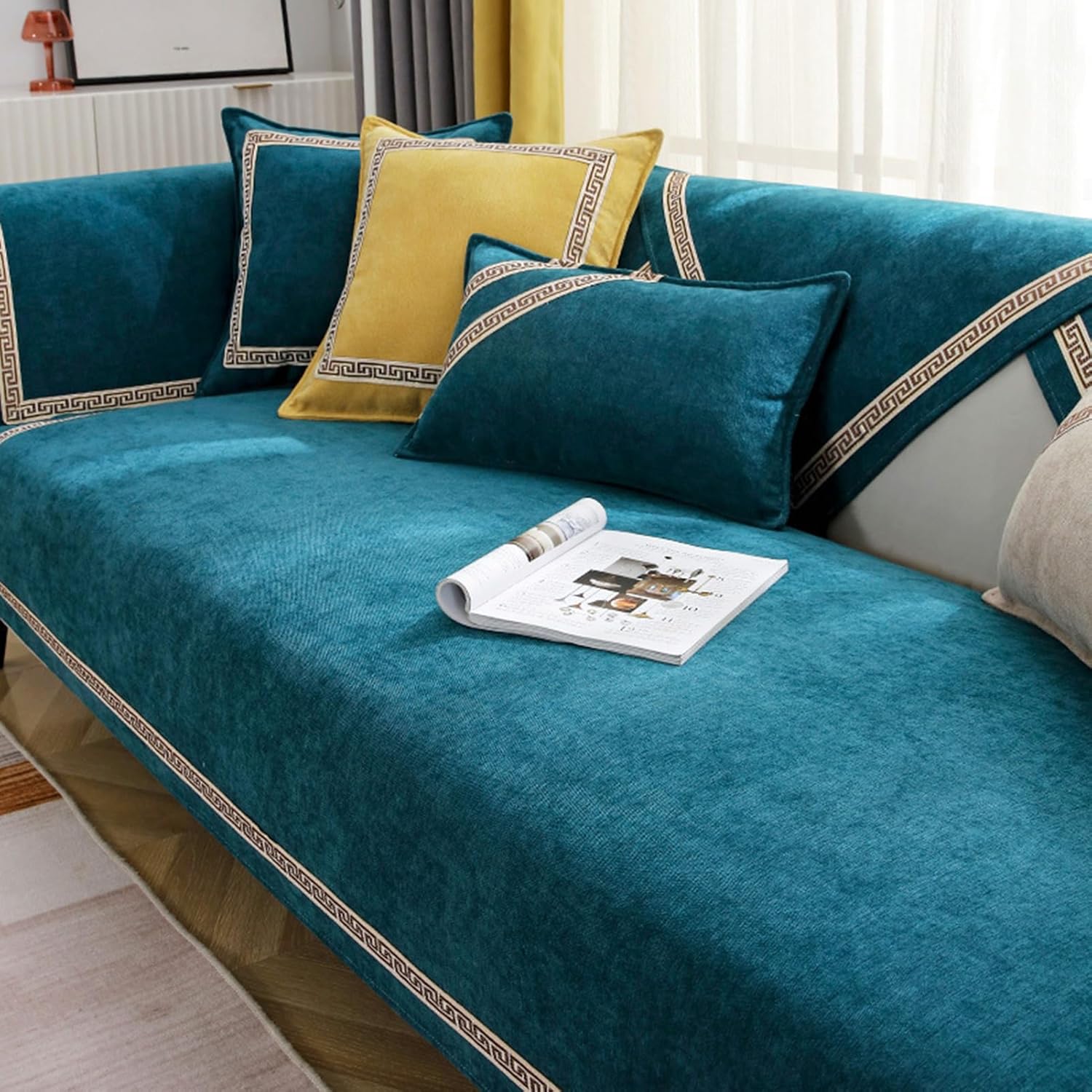 Sofa Covers for Sectional Sofa Set Non Slip, Couch Cover with Chaise Lounge 3 Seat, Chenille Jacquard Sofa Slipcovers Washable Stitching Widen Edges Design Fully Couch Protector