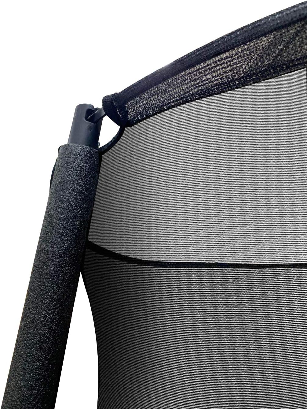 Close-up of trampoline enclosure net and pole padding