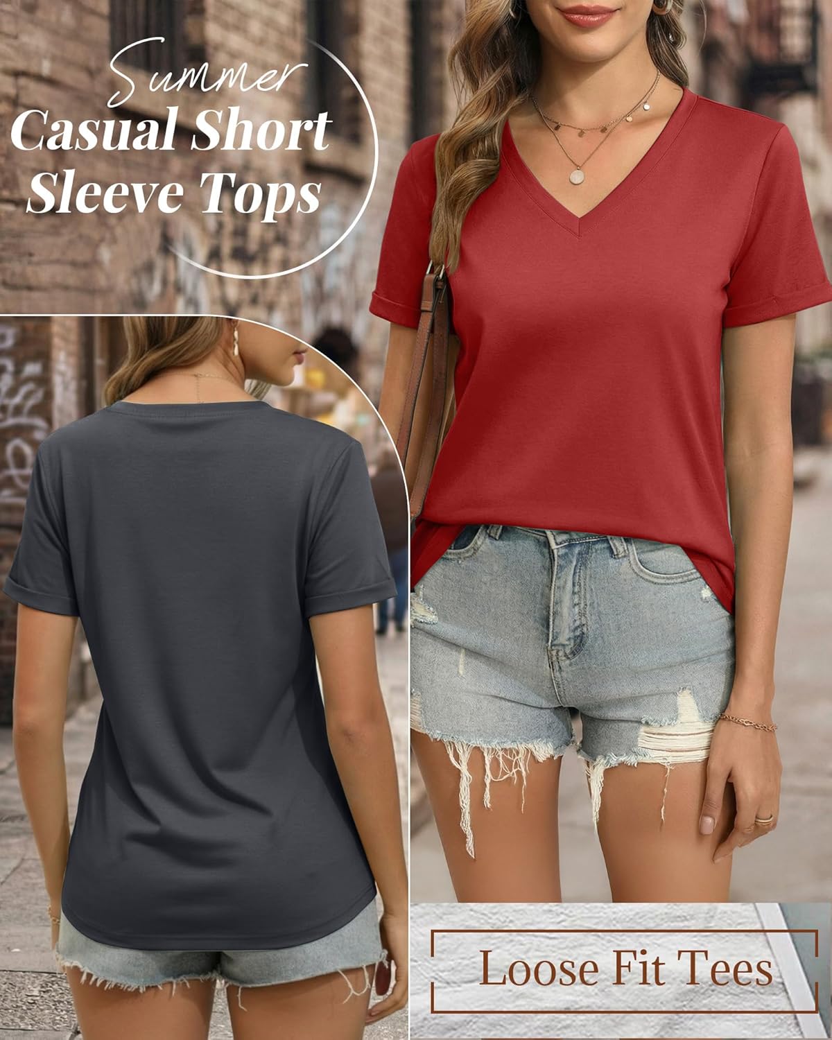 Ficerd 3 Pack Women's V Neck T Shirts, Summer Casual Short Sleeve Tops Loose Fit Rolled Sleeve Tees Trendy Shirts - Image 6